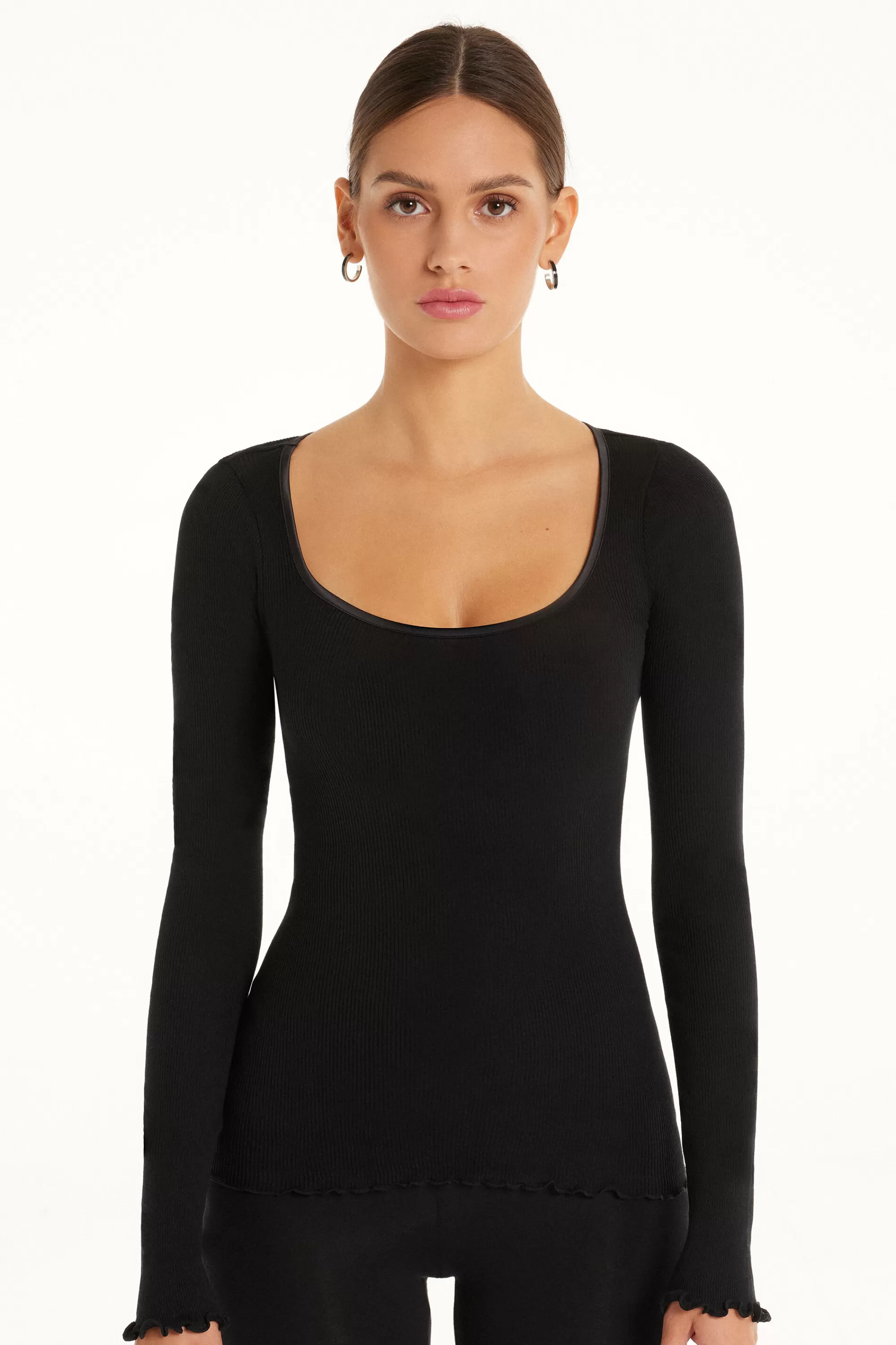 Online Maglia Manica Lunga In 100% Cotone A Costine E Raso - Maglie Maniche Lunghe - Donna | Maglie maniche lunghe