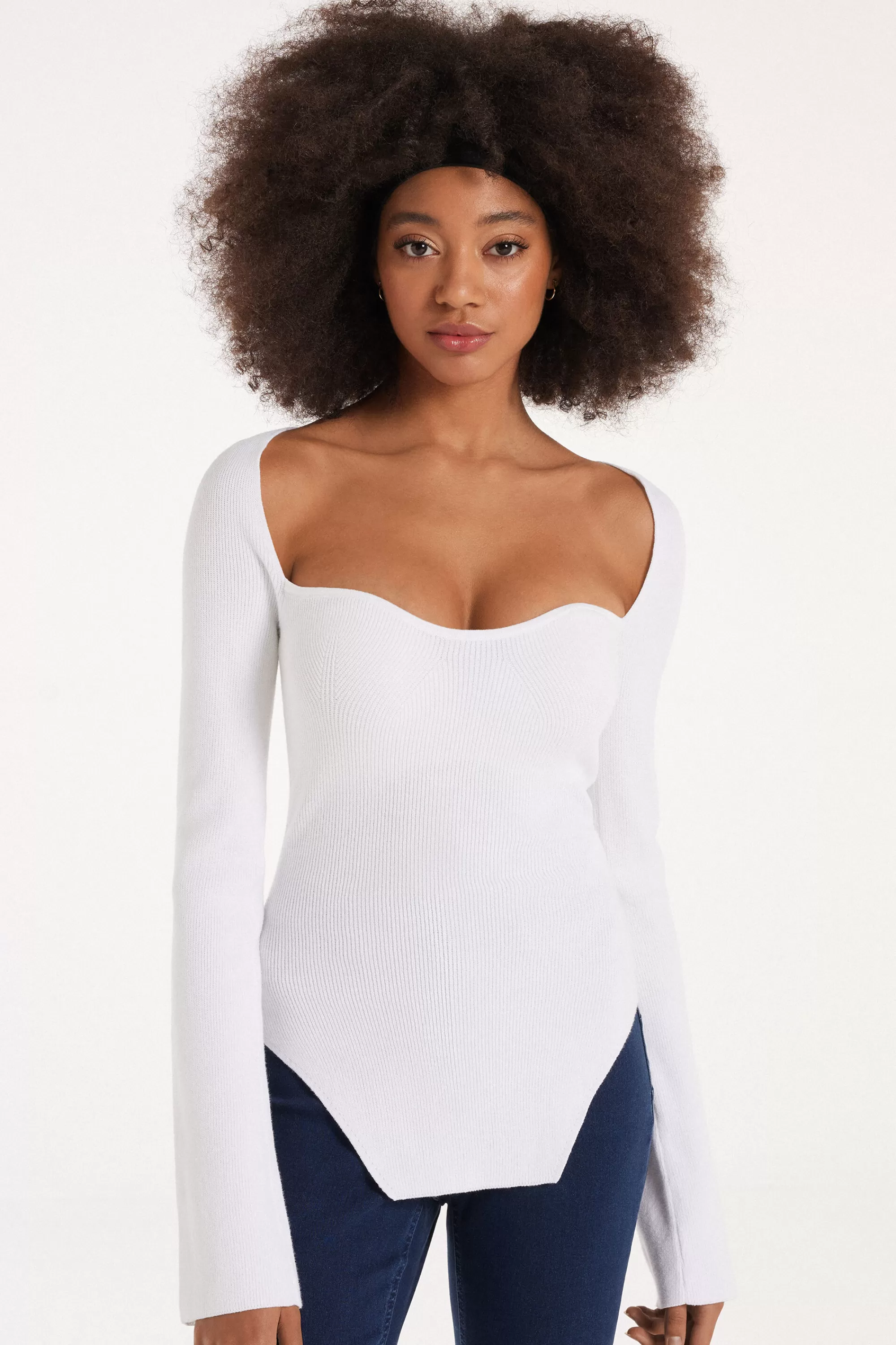 Best Sale Maglia Manica Lunga Scollo A Cuore A Costine - Maglie Maniche Lunghe - Donna | Maglie maniche lunghe