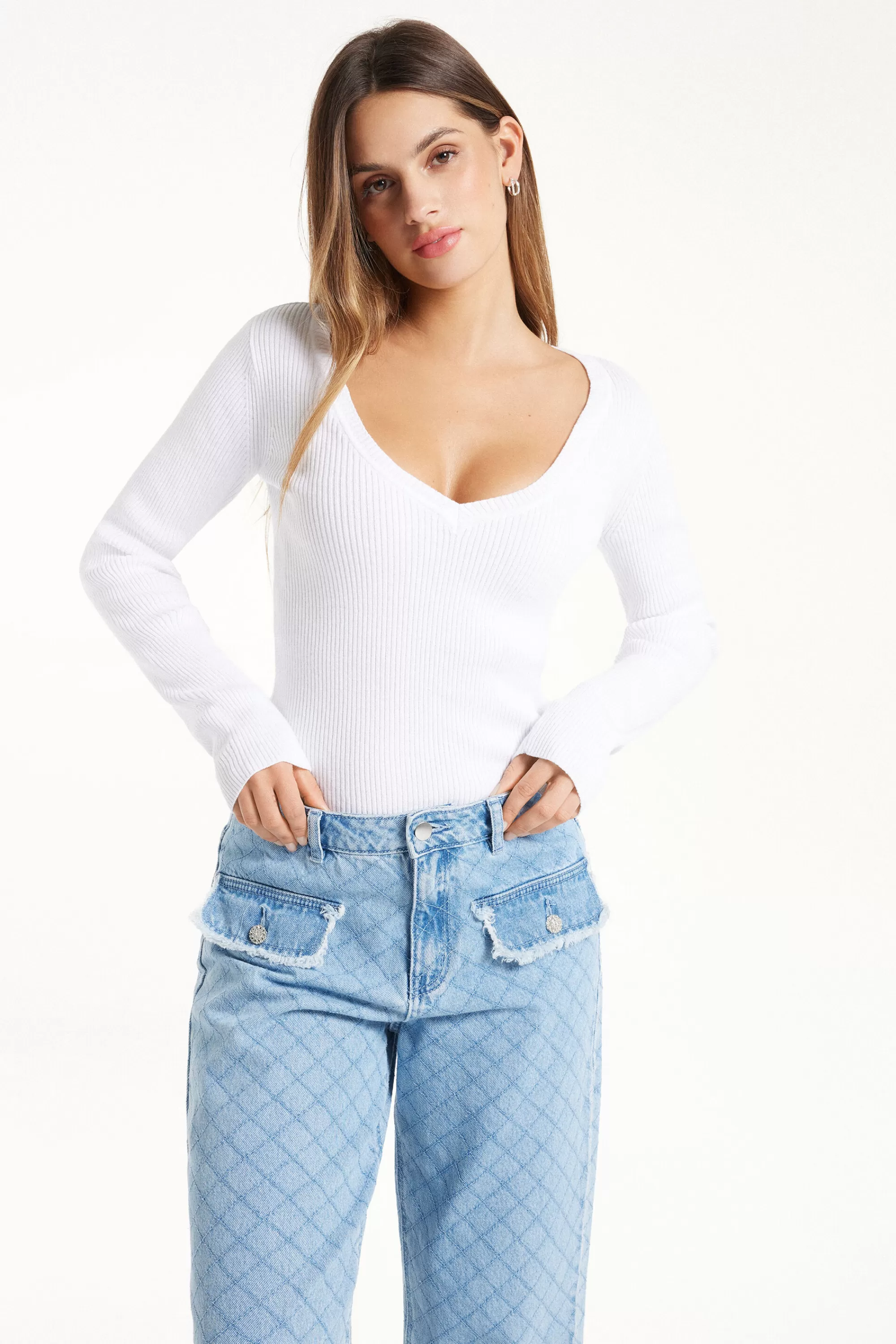 Store Maglia Manica Lunga Scollo A V A Costine - Maglie Maniche Lunghe - Donna | Maglie maniche lunghe