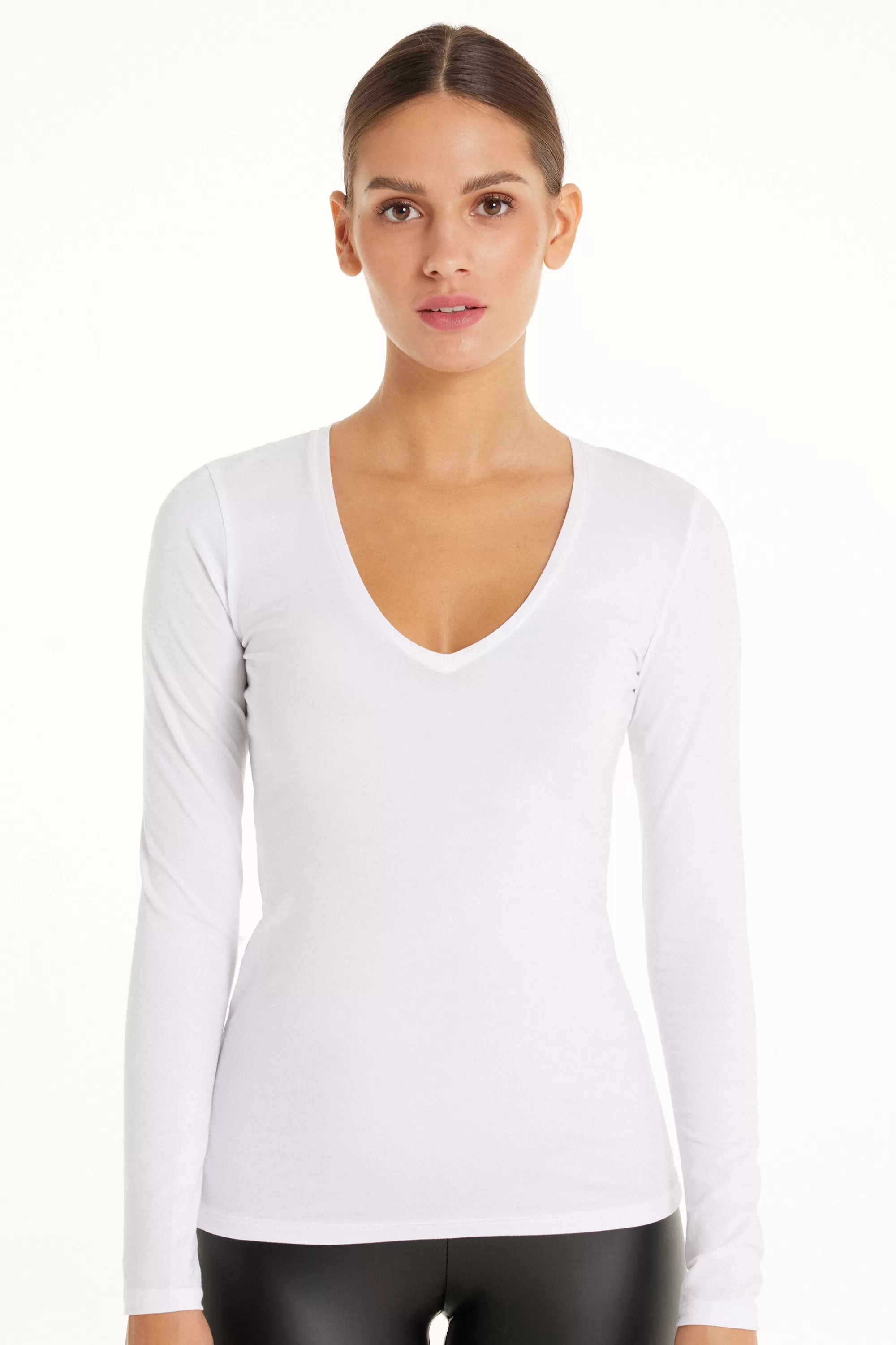 Hot Maglia Manica Lunga Scollo A V In Cotone Elasticizzato - Maglie Maniche Lunghe - Donna | Maglie maniche lunghe