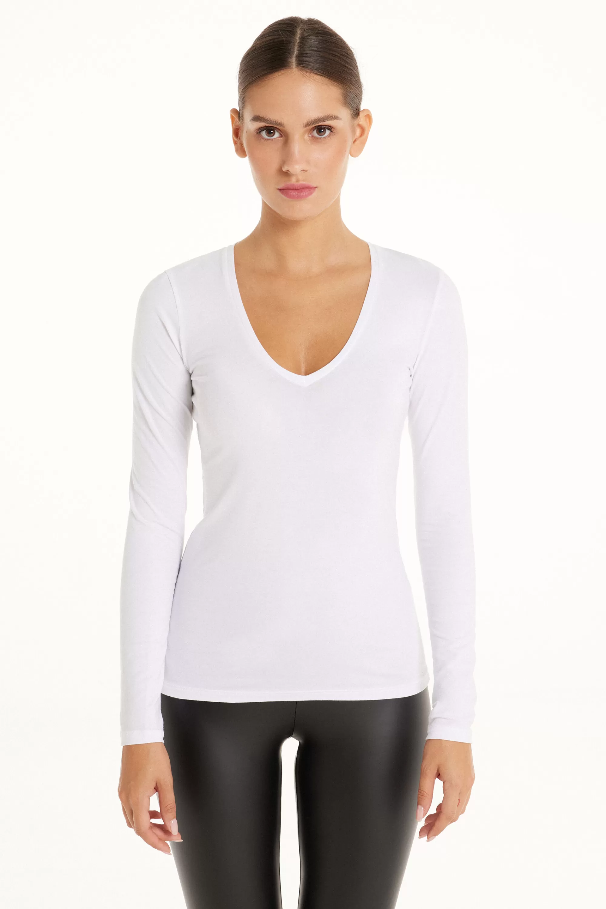 Hot Maglia Manica Lunga Scollo A V In Cotone Elasticizzato - Maglie Maniche Lunghe - Donna | Maglie maniche lunghe
