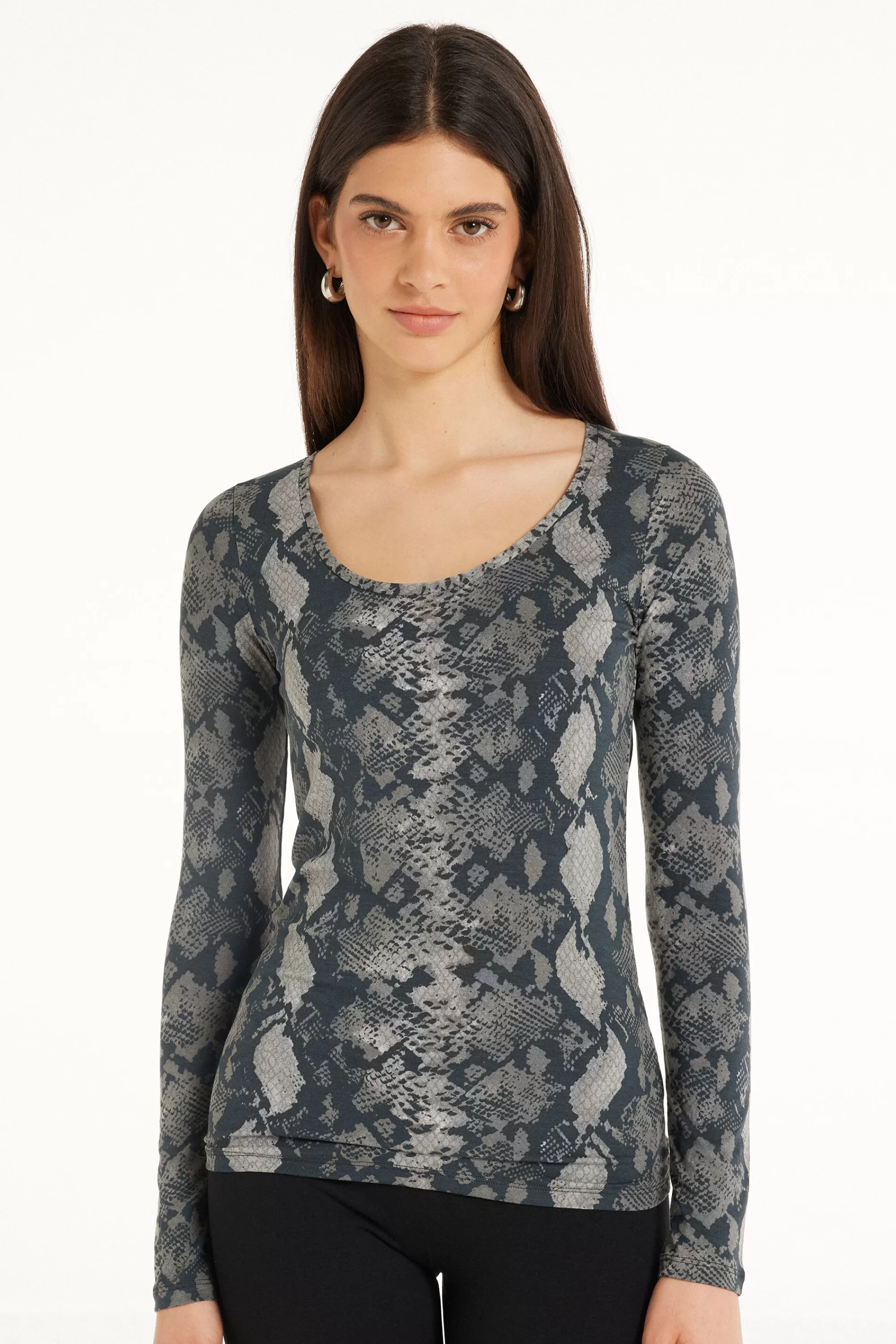 Best Sale Maglia Manica Lunga Scollo Ampio Viscosa Stampata - Maglie Maniche Lunghe - Donna | Maglie maniche lunghe