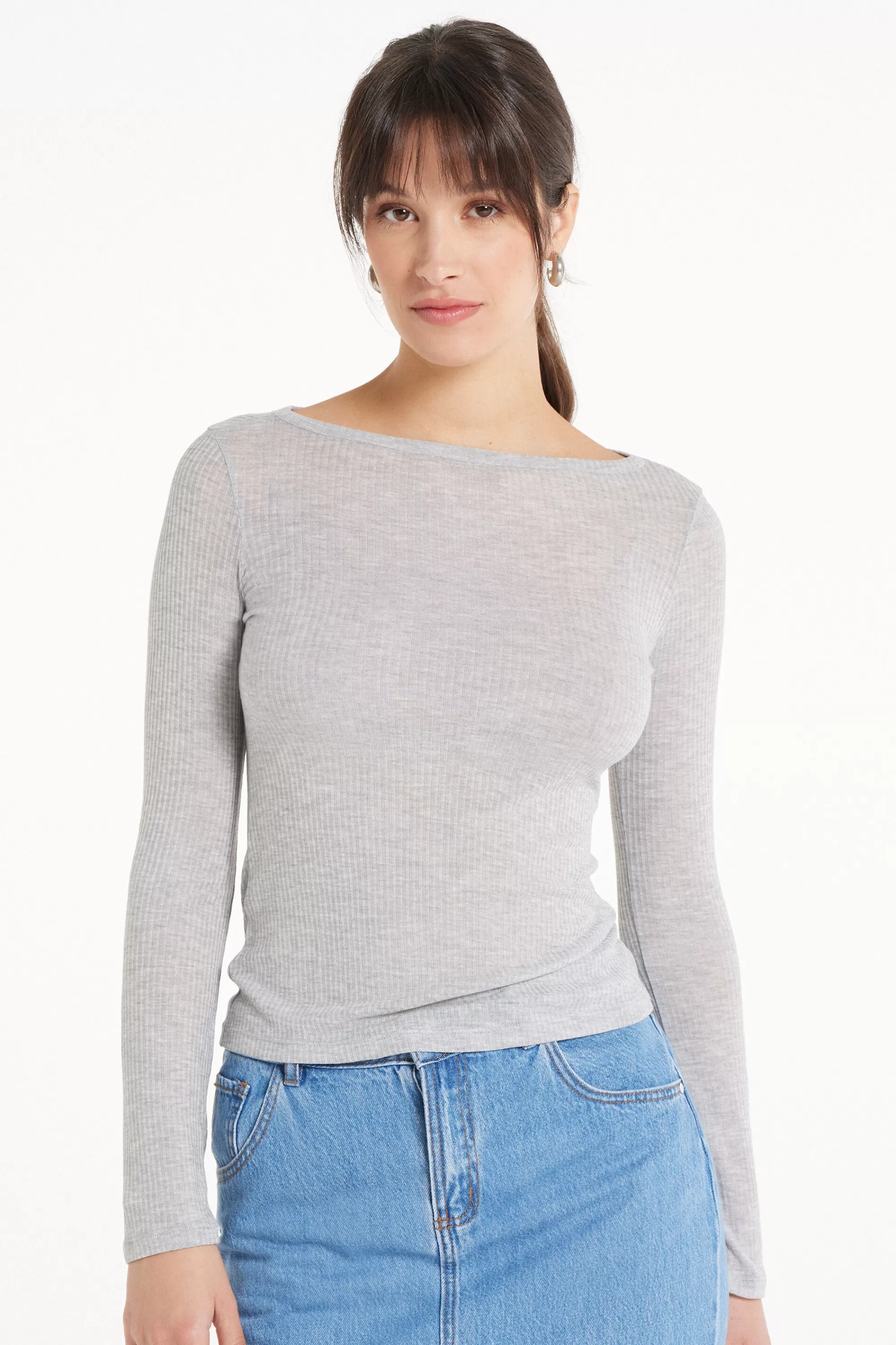 Shop Maglia Manica Lunga Scollo Barchetta Viscosa Ultraleggera A Costine - Maglie Maniche Lunghe - Donna | Maglie maniche lunghe
