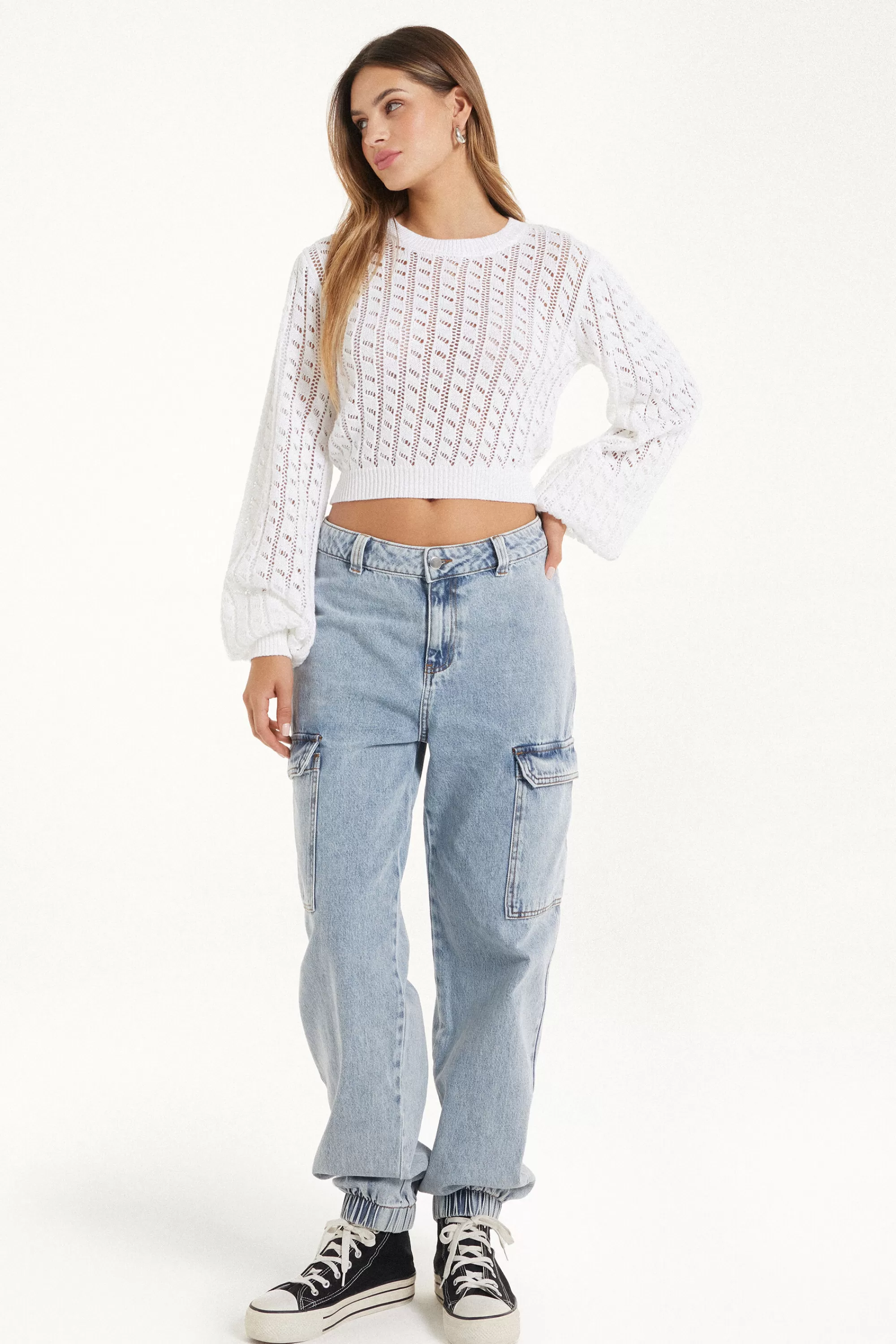 Online Maglioncino Corto A Manica Lunga Traforato - Maglie Maniche Lunghe - Donna | Cardigan e Maglioni | Maglie maniche lunghe