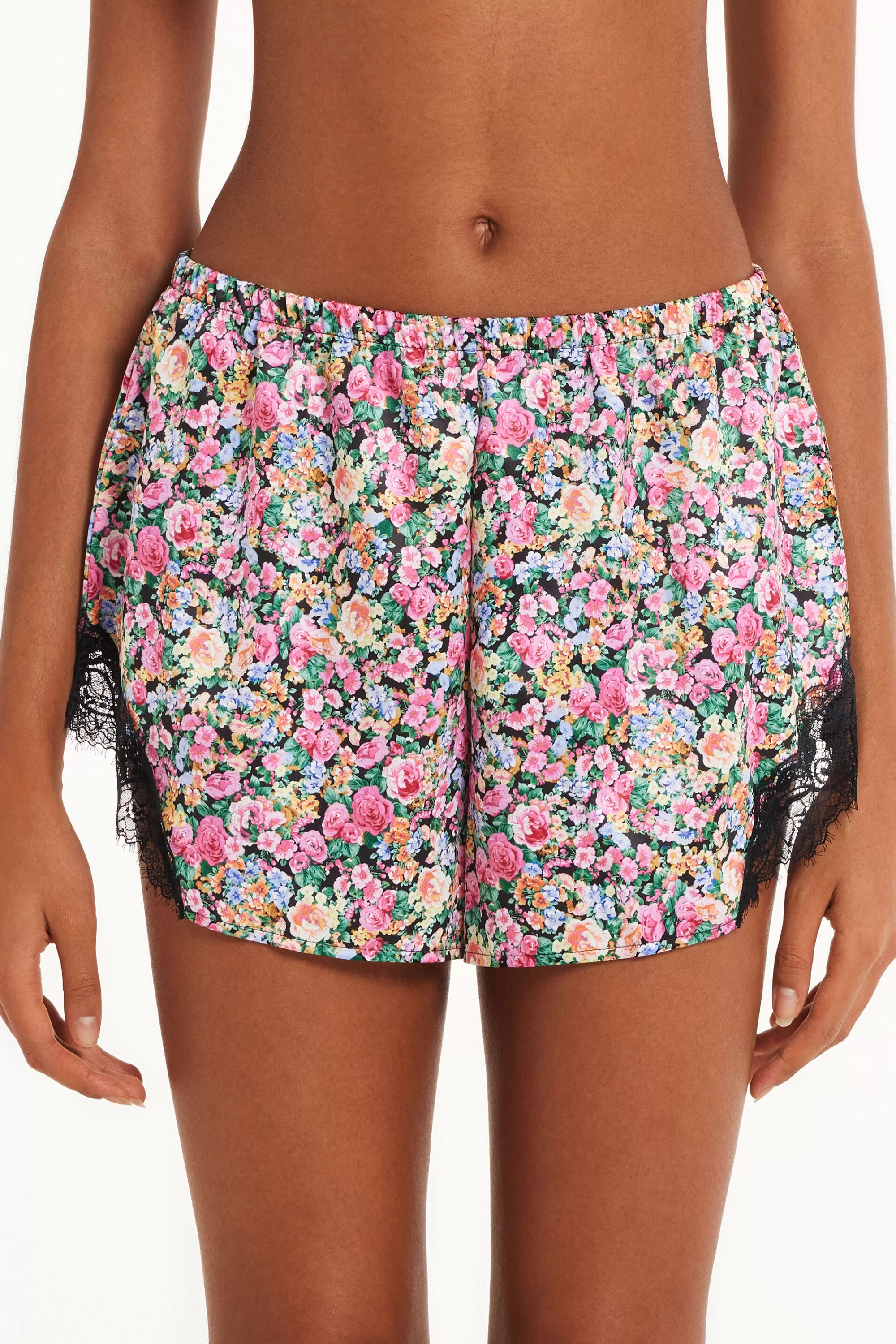 Outlet Pantaloncino Corto In Raso Stampato E Pizzo - Pigiami Combinabili - Donna | Shorts | Pigiami combinabili