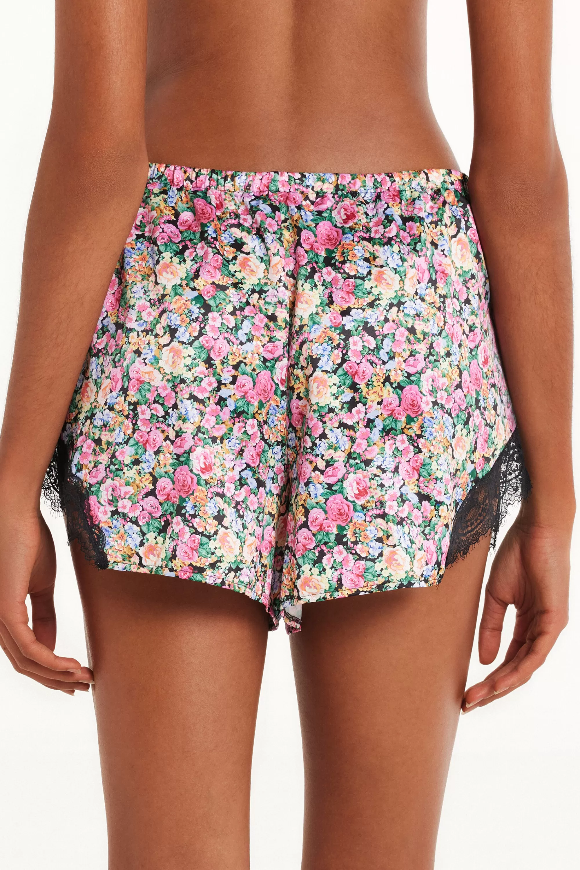 Outlet Pantaloncino Corto In Raso Stampato E Pizzo - Pigiami Combinabili - Donna | Shorts | Pigiami combinabili