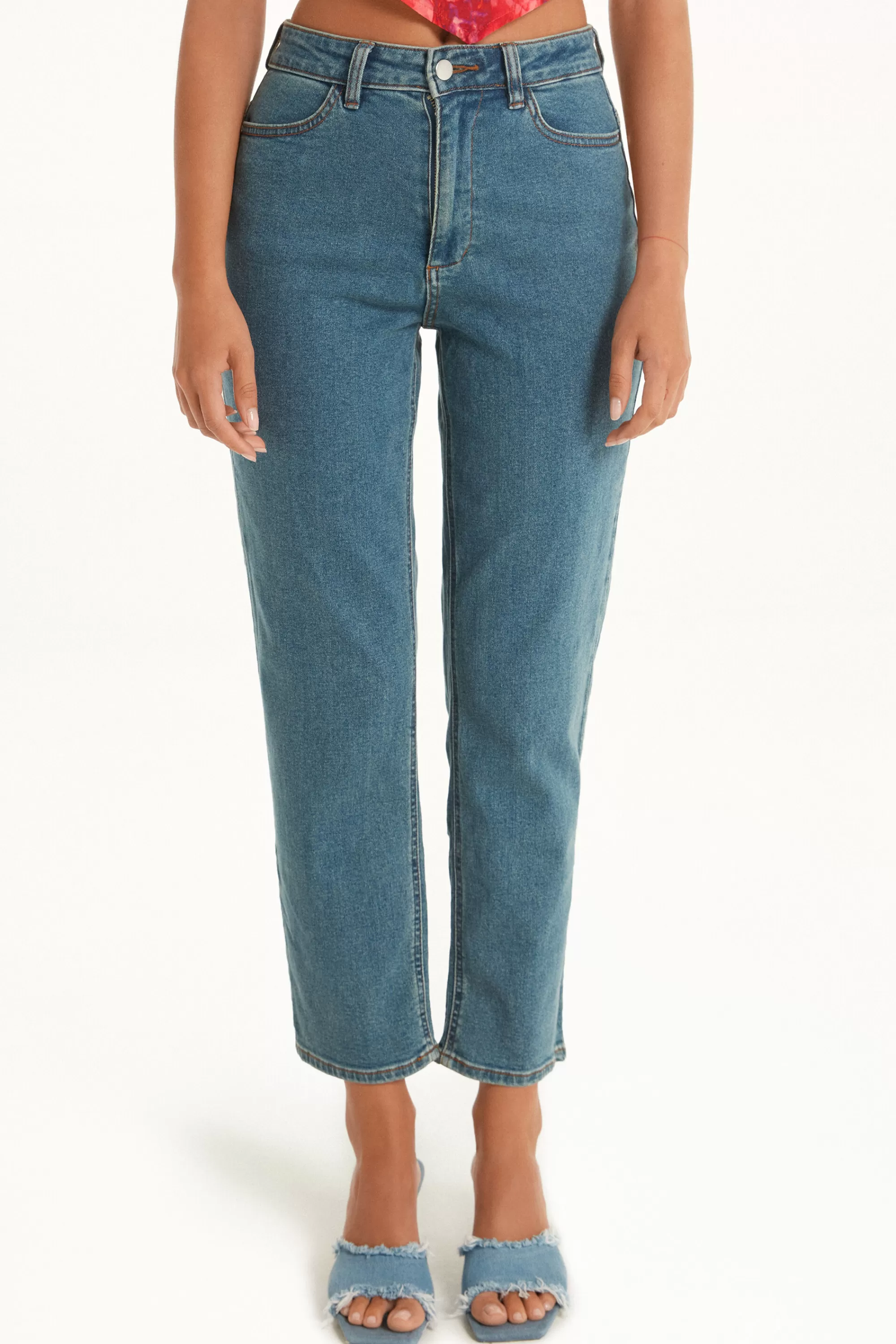 Sale Pantalone Vita Alta Denim Dritto Con Tasche - Pantaloni - Donna | Jeans | Pantaloni