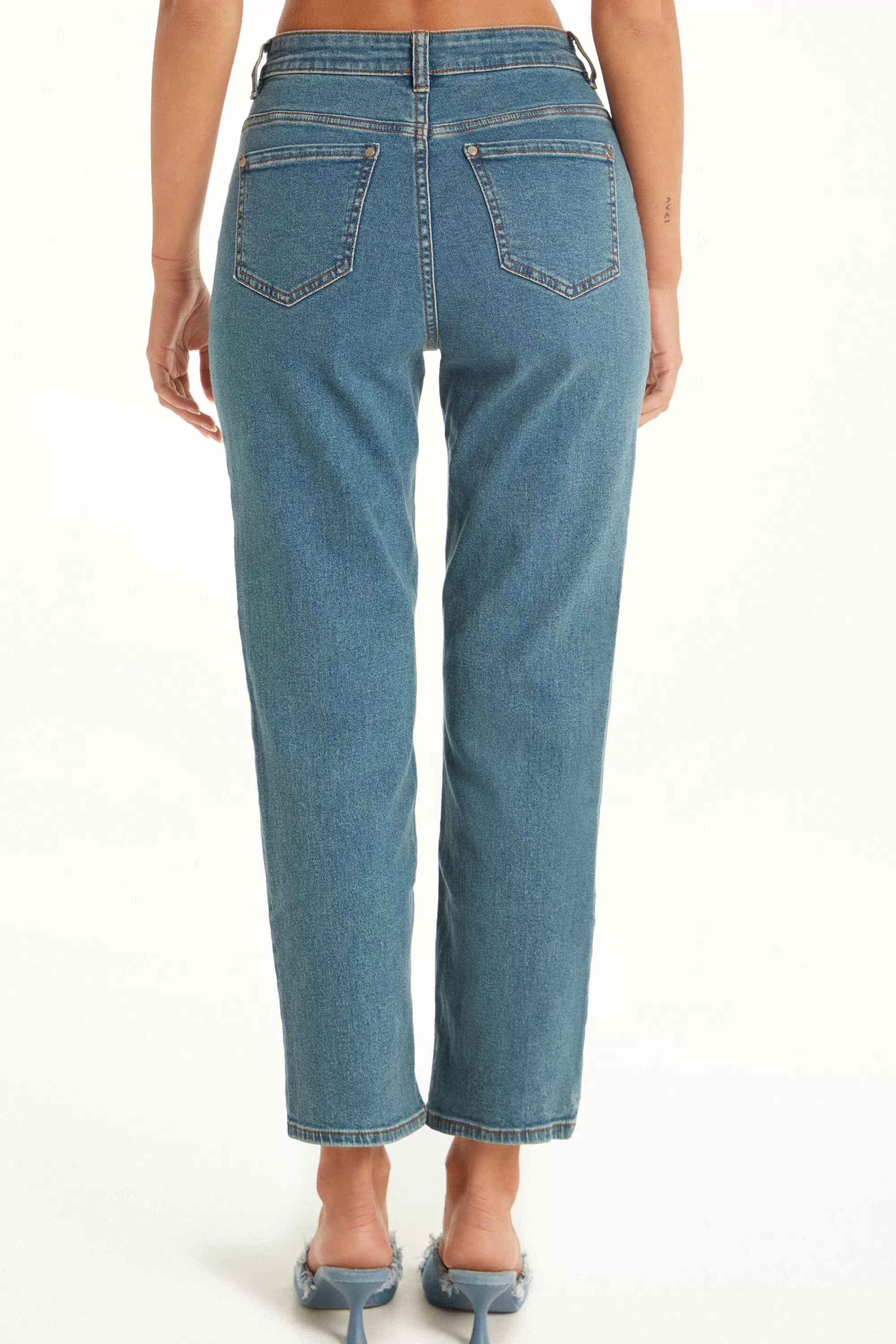 Sale Pantalone Vita Alta Denim Dritto Con Tasche - Pantaloni - Donna | Jeans | Pantaloni