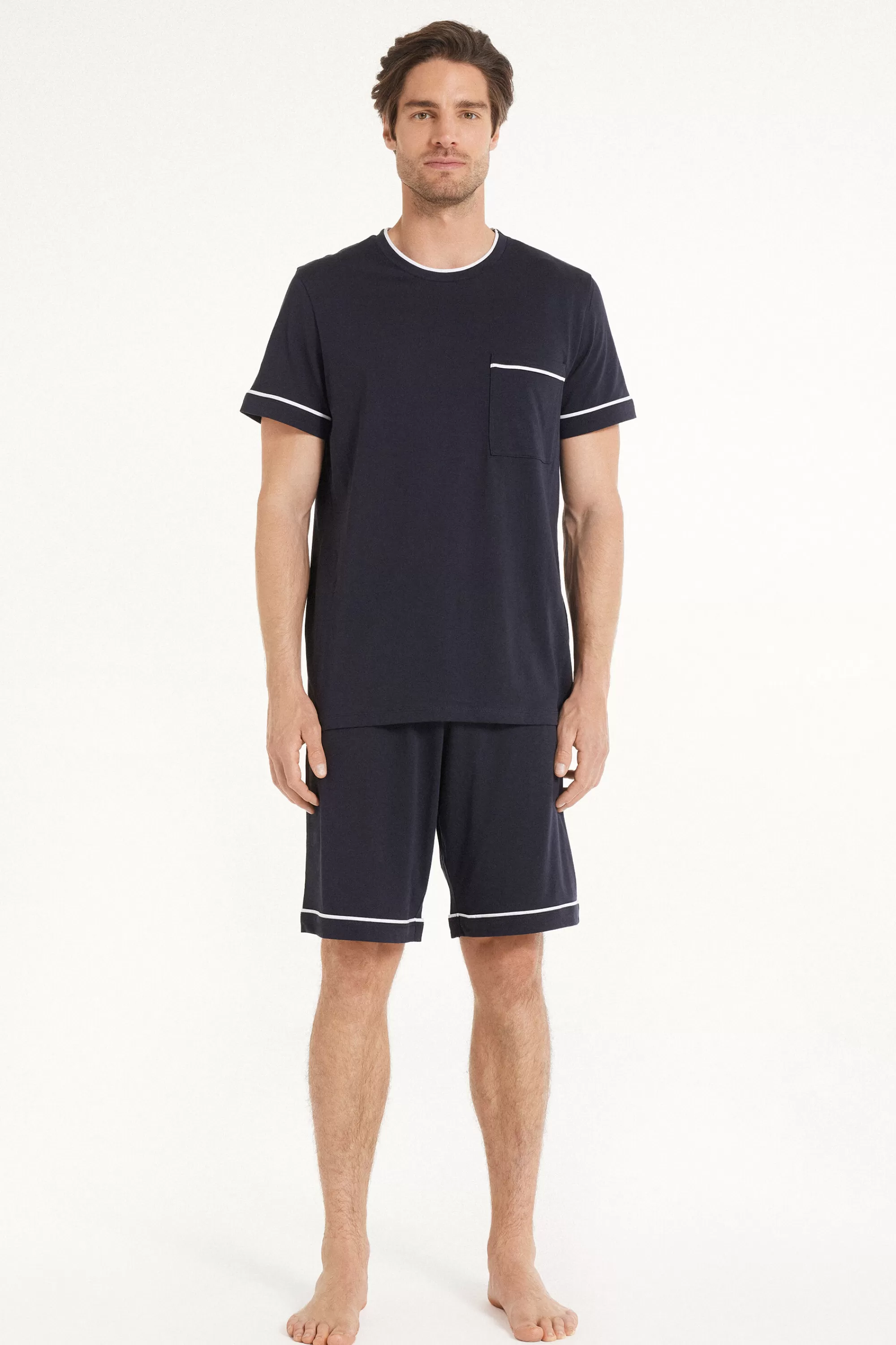 Fashion Pigiama Corto Basic Piping In Cotone Con Taschino - Pigiami Corti - Uomo | Pigiami corti