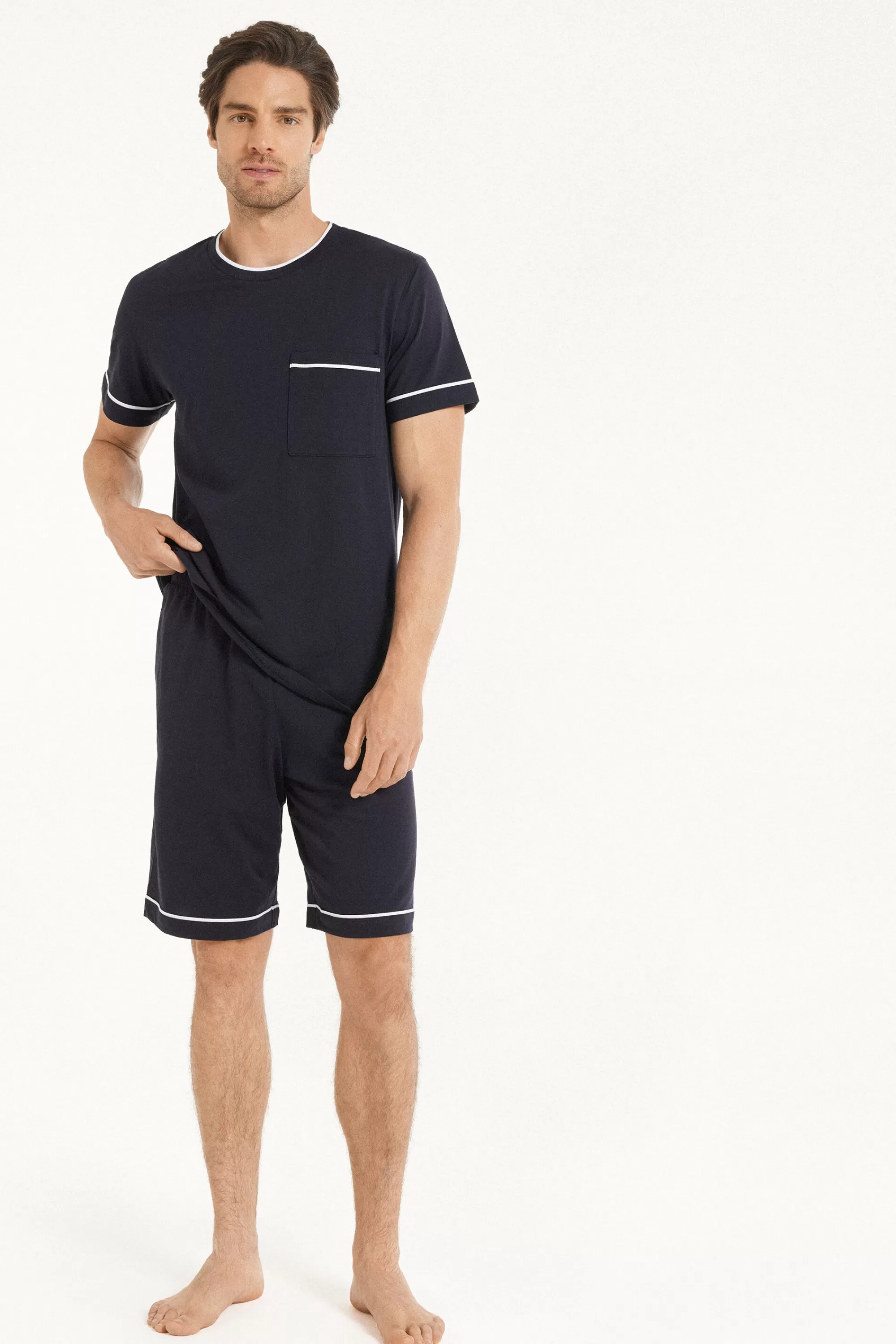 Fashion Pigiama Corto Basic Piping In Cotone Con Taschino - Pigiami Corti - Uomo | Pigiami corti