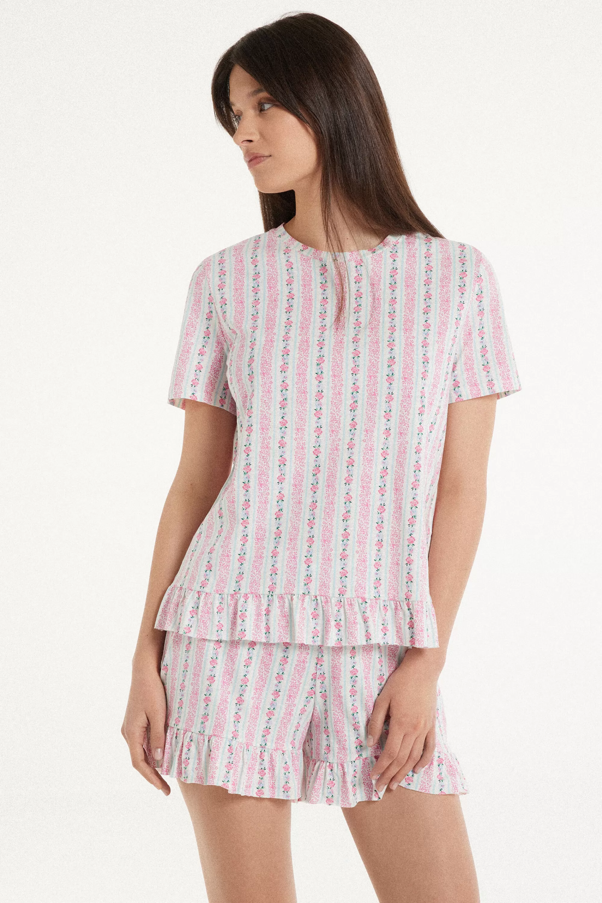 Store Pigiama Corto Gessato Flowers In Cotone - Pigiami Corti - Donna | Pigiami corti
