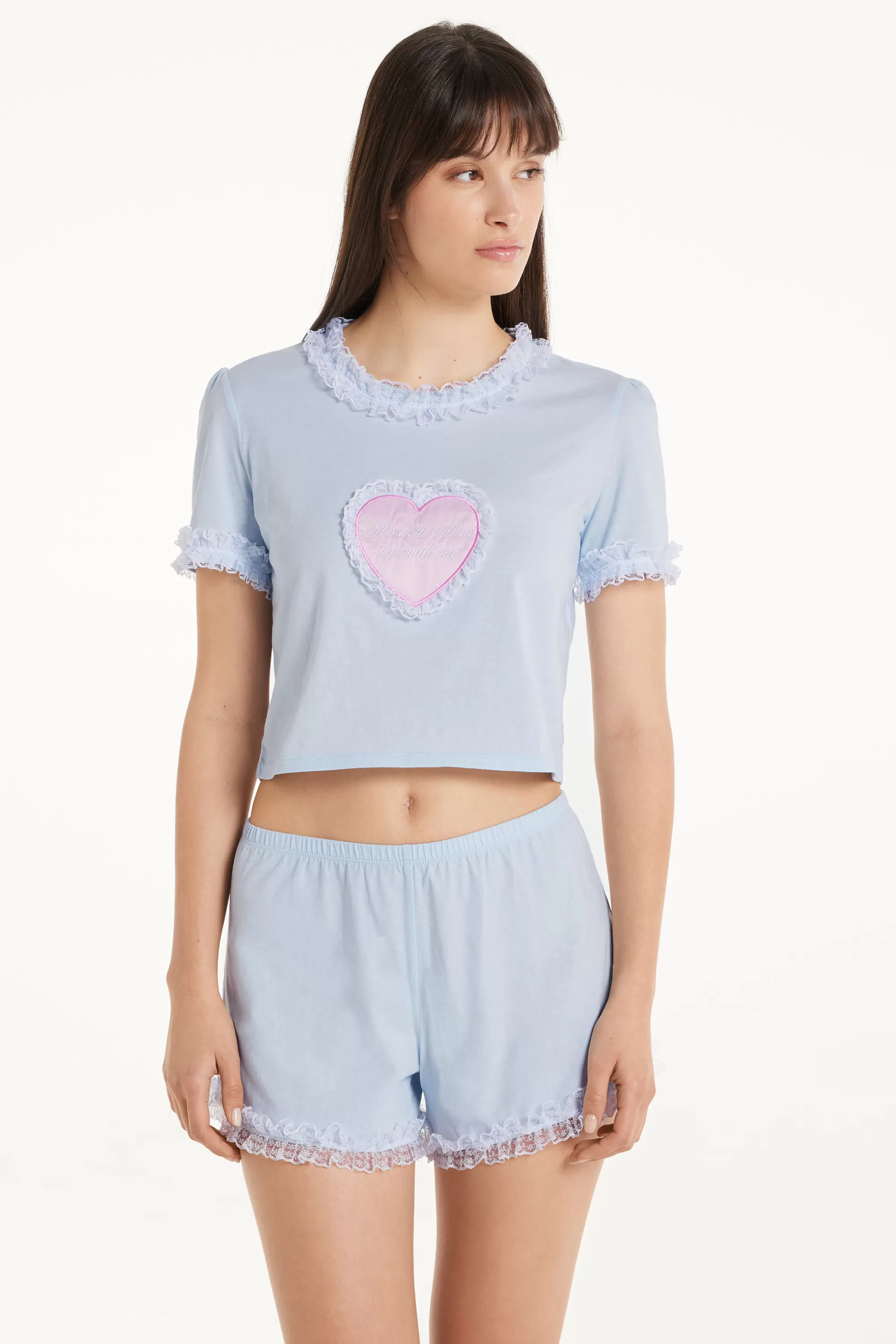 Sale Pigiama Corto Mezza Manica In Cotone E Pizzo "Fall In Love" - Pigiami Corti - Donna | Pigiami corti