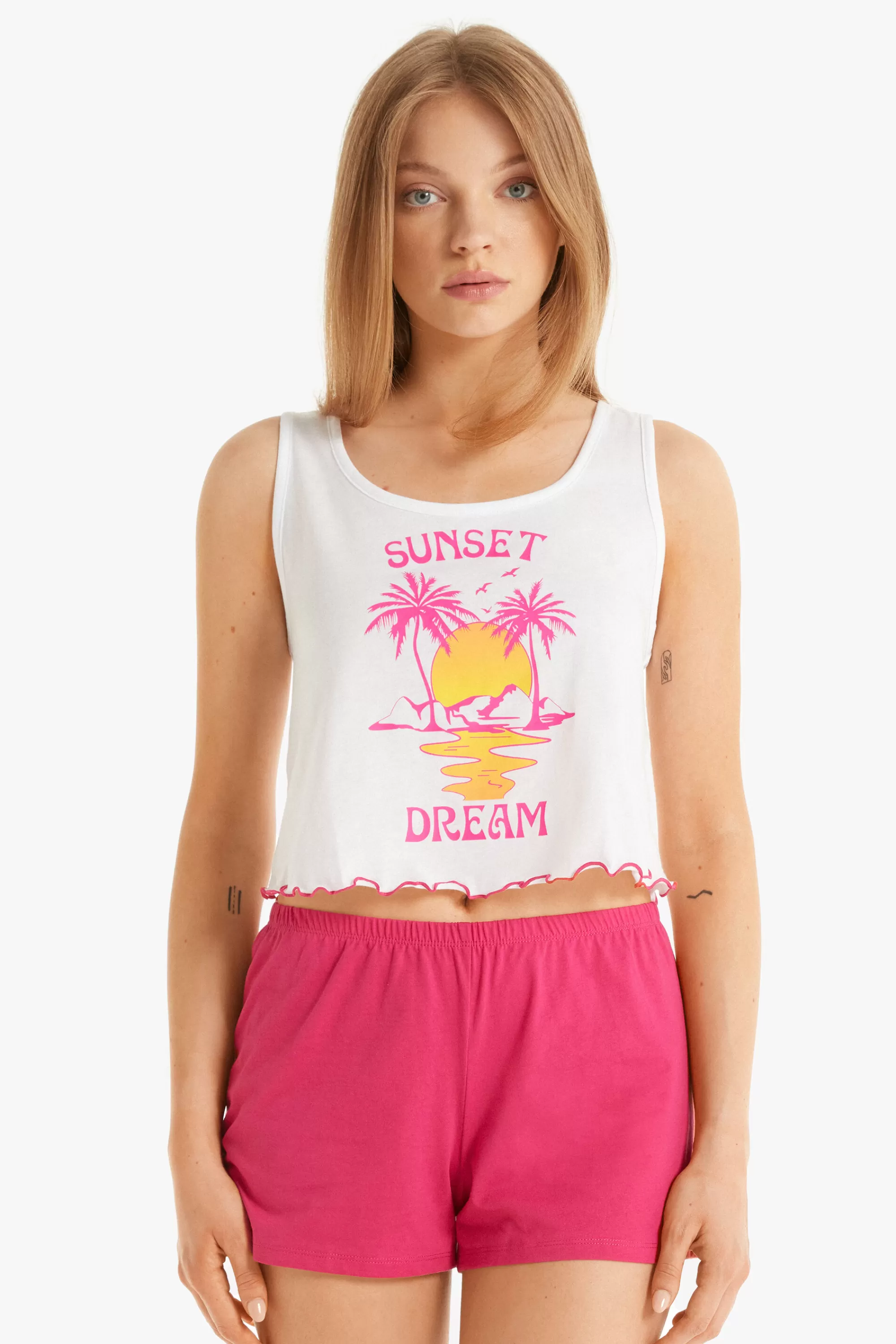 Sale Pigiama Corto Spalla Larga In Cotone Con Stampa Sunset - Pigiami Corti - Donna | Pigiami corti