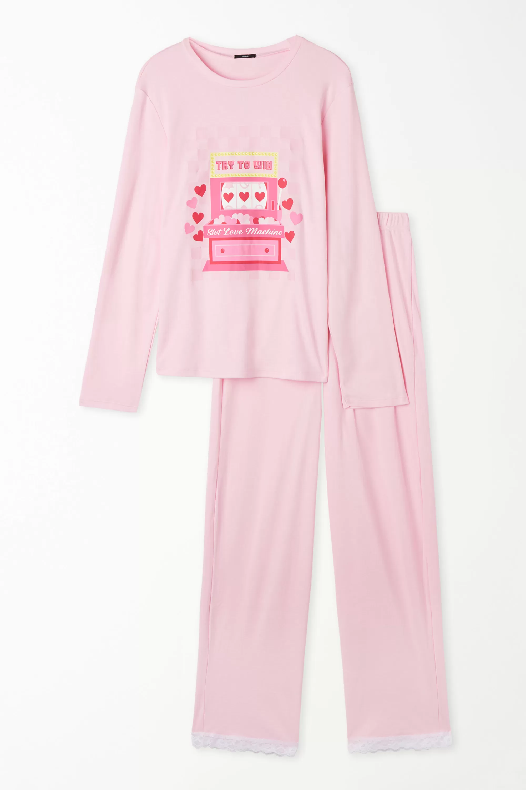 Shop Pigiama Lungo In Cotone Pesante Con Pizzetto Stampa Love Machine - Pigiami Lunghi - Donna | Pigiami lunghi