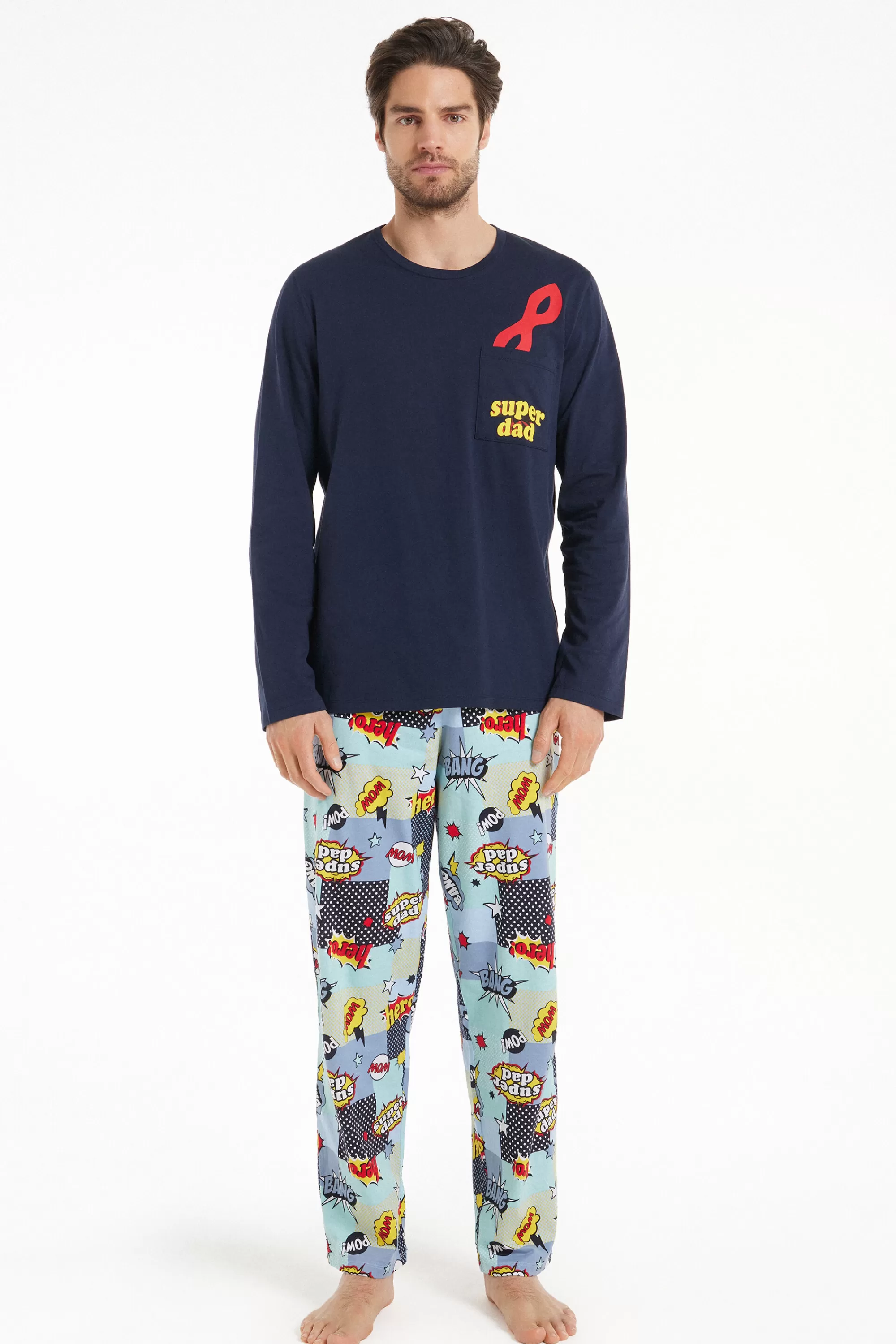Shop Pigiama Lungo In Cotone Stampa Super Dad - Pigiami Lunghi - Uomo | Pigiami lunghi