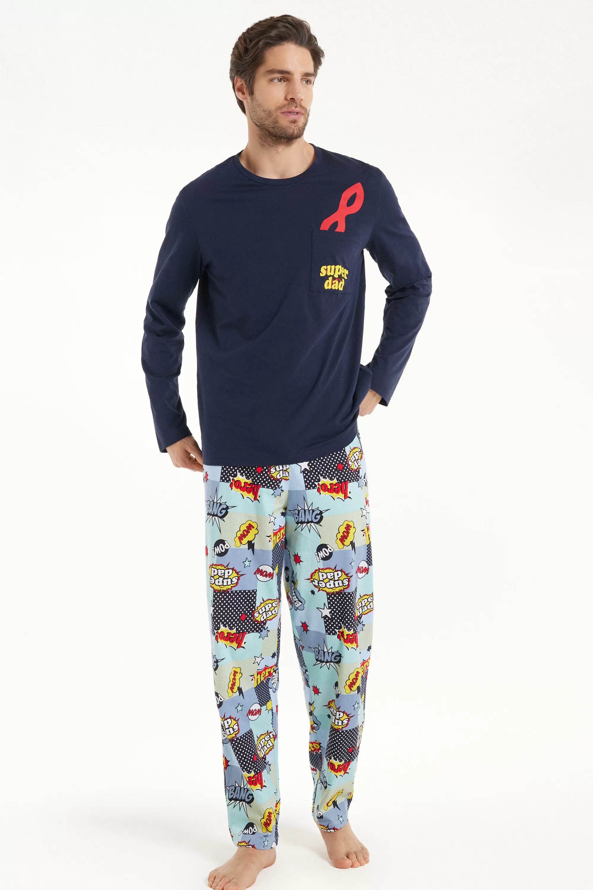 Shop Pigiama Lungo In Cotone Stampa Super Dad - Pigiami Lunghi - Uomo | Pigiami lunghi