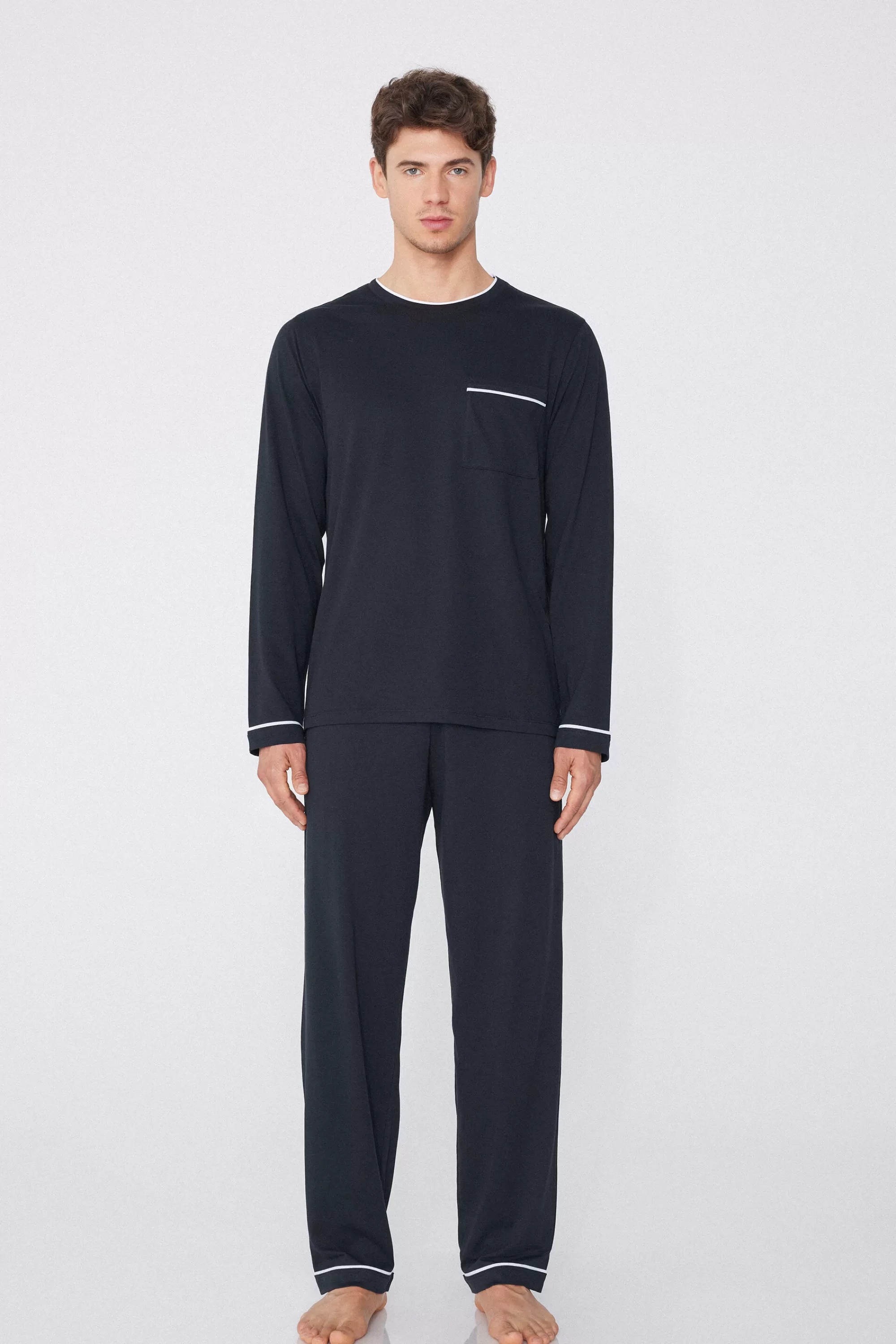 Cheap Pigiama Lungo Uomo In Cotone Piping - Pigiami Lunghi - Uomo | Pigiami lunghi