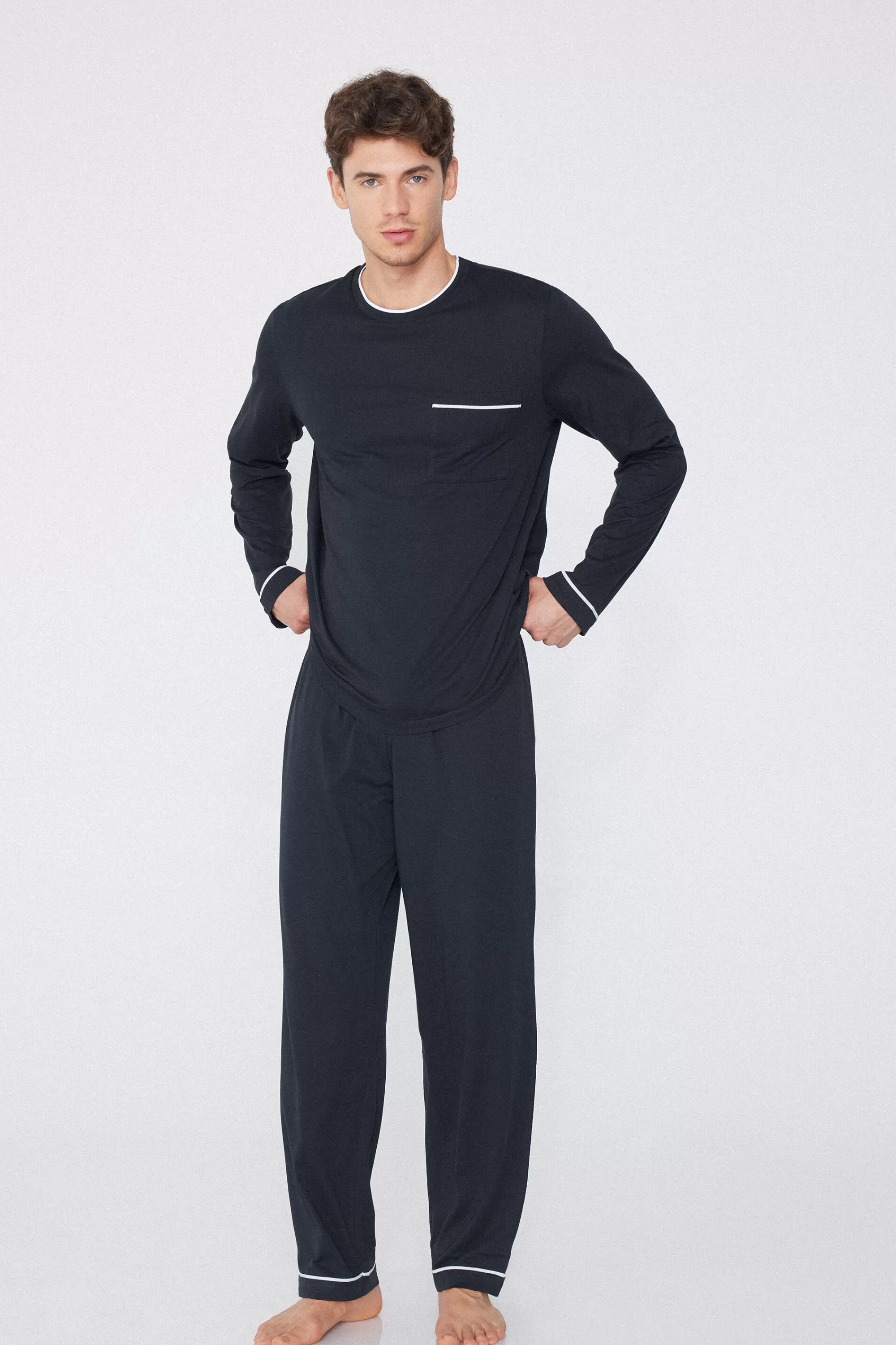 Cheap Pigiama Lungo Uomo In Cotone Piping - Pigiami Lunghi - Uomo | Pigiami lunghi