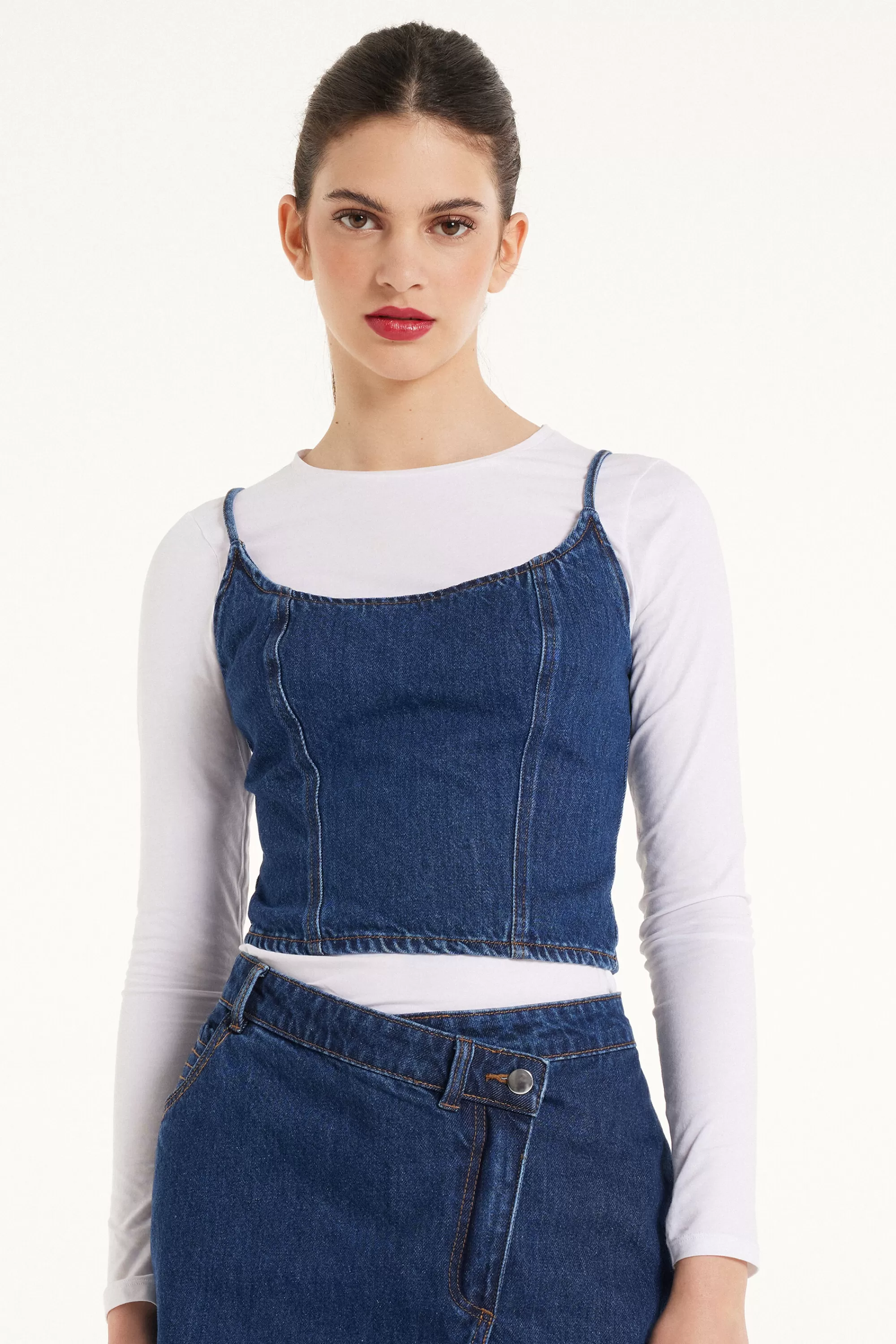 Hot Top Corto In Denim Con Spalline Sottili - Canotte E Top - Donna | Canotte e Top
