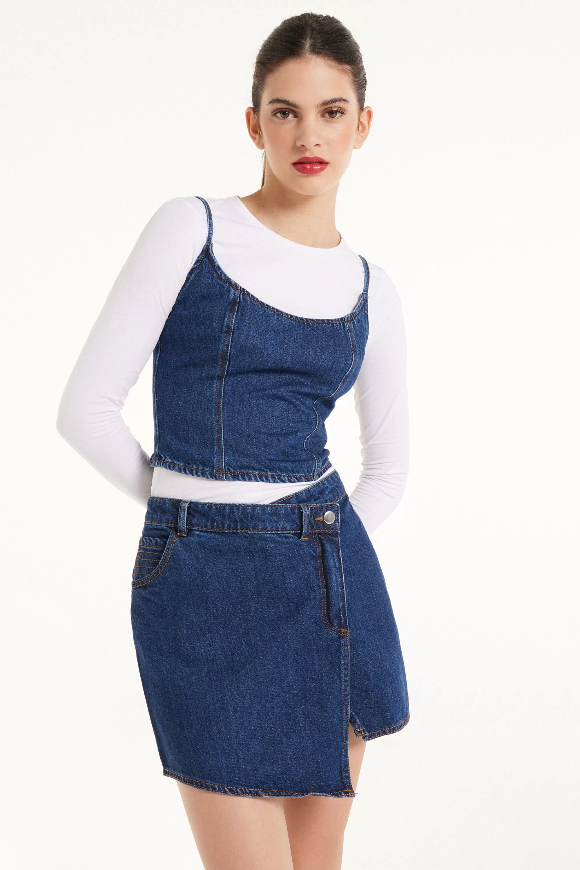 Hot Top Corto In Denim Con Spalline Sottili - Canotte E Top - Donna | Canotte e Top