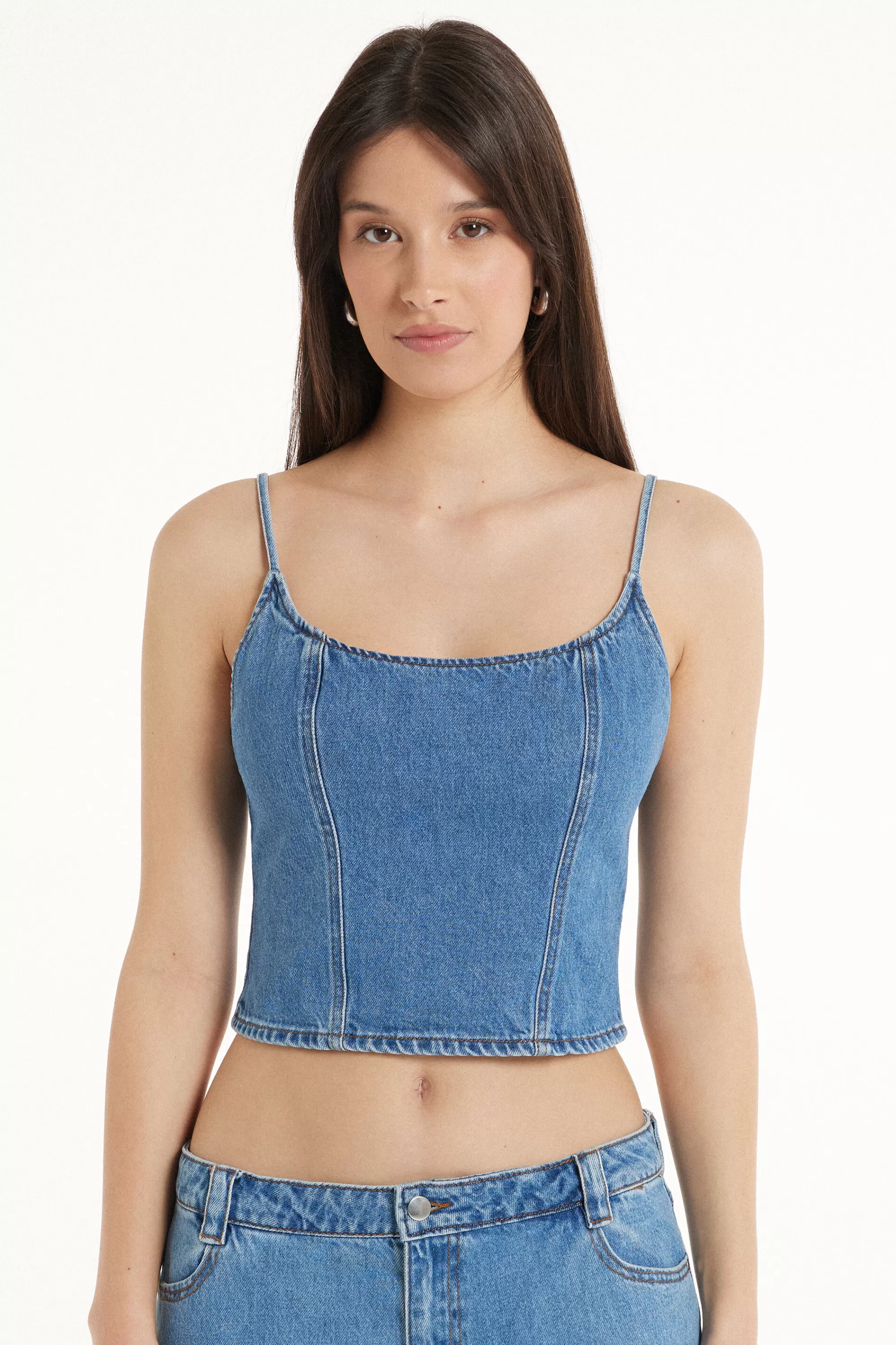 New Top Corto In Denim Con Spalline Sottili - Canotte E Top - Donna | Canotte e Top