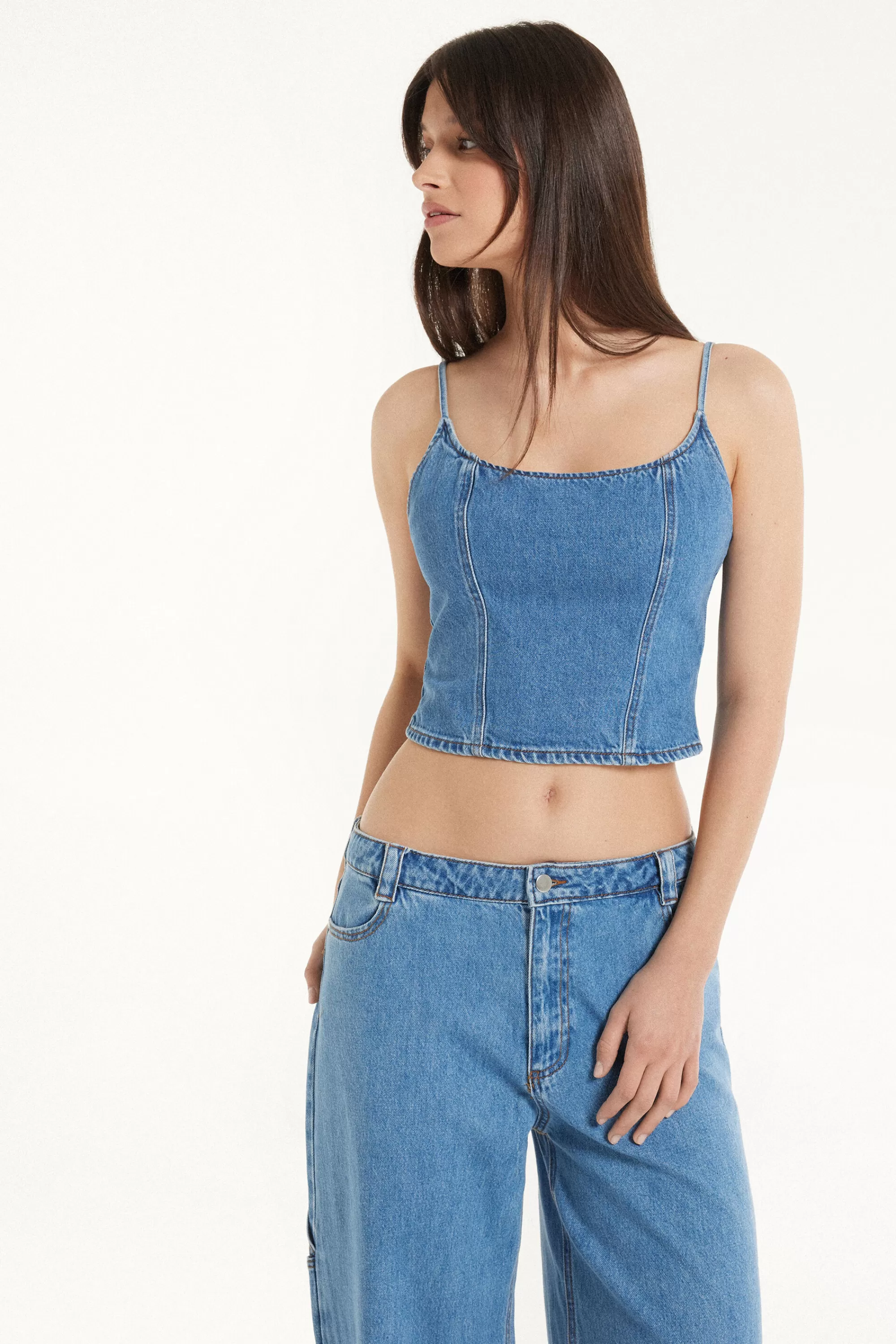 New Top Corto In Denim Con Spalline Sottili - Canotte E Top - Donna | Canotte e Top