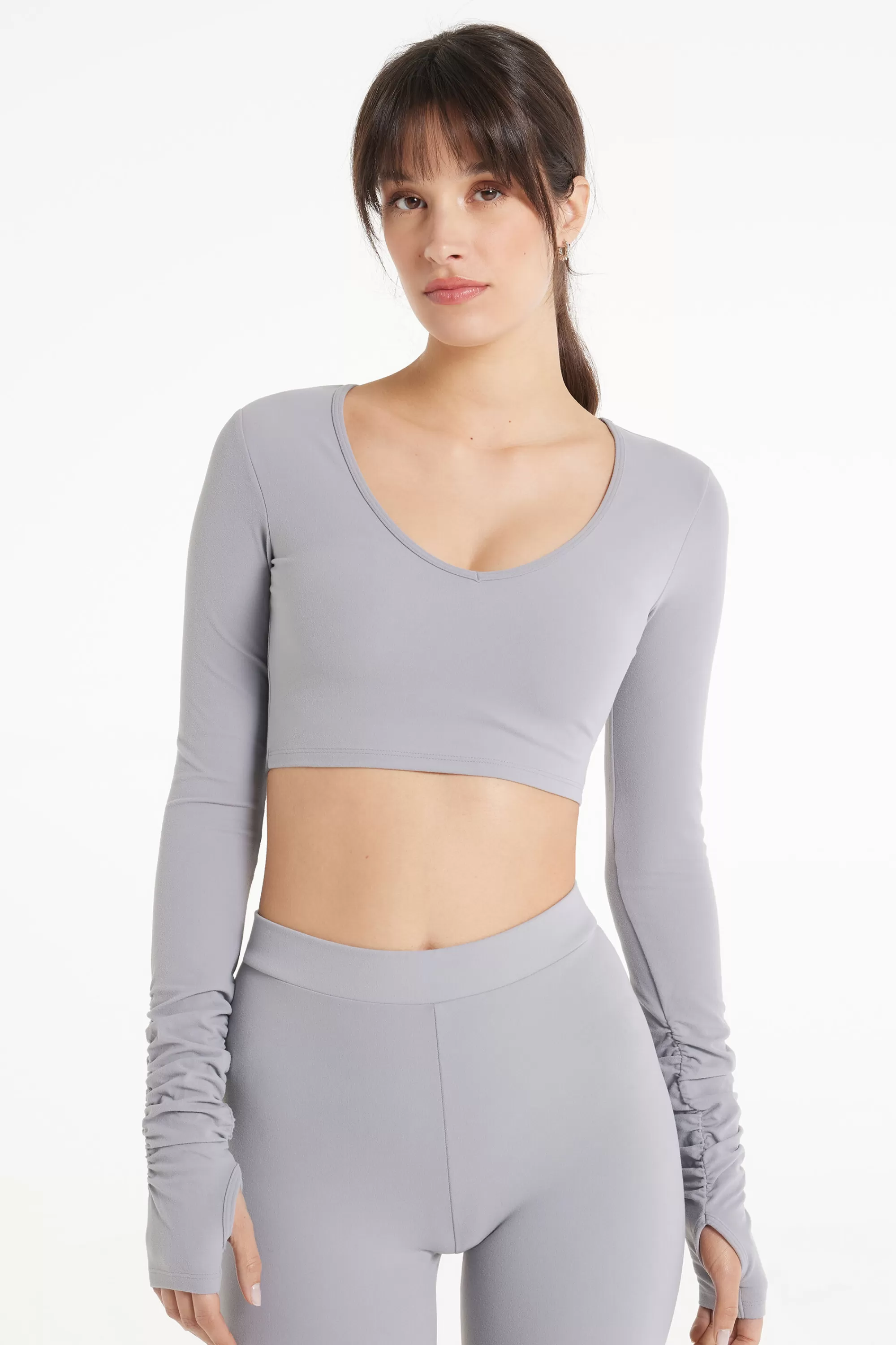 Online Top Corto Scollo A Cuore Maniche Lunghe In Microfibra Morbida - Maglie Maniche Lunghe - Donna | Collezione Fitness | Maglie maniche lunghe