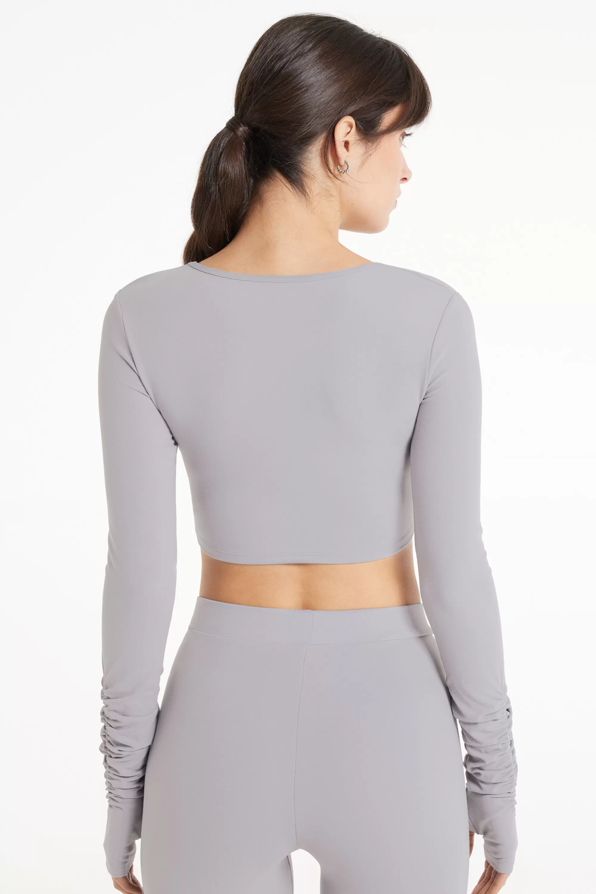 Online Top Corto Scollo A Cuore Maniche Lunghe In Microfibra Morbida - Maglie Maniche Lunghe - Donna | Collezione Fitness | Maglie maniche lunghe