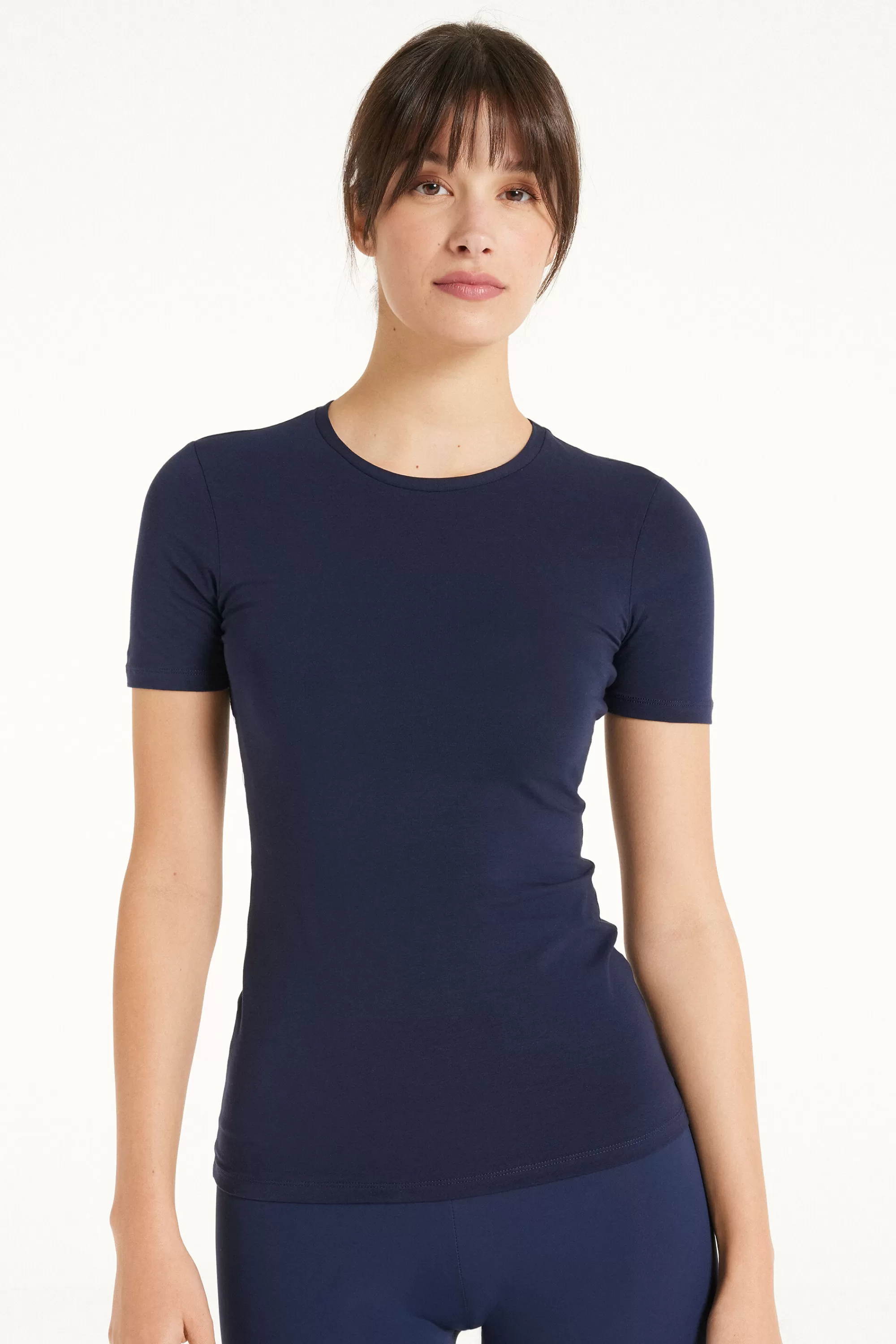 Fashion T-shirt Girocollo In Cotone Elasticizzato - Magliette Maniche Corte - Donna | Top e T-shirt | Magliette maniche corte