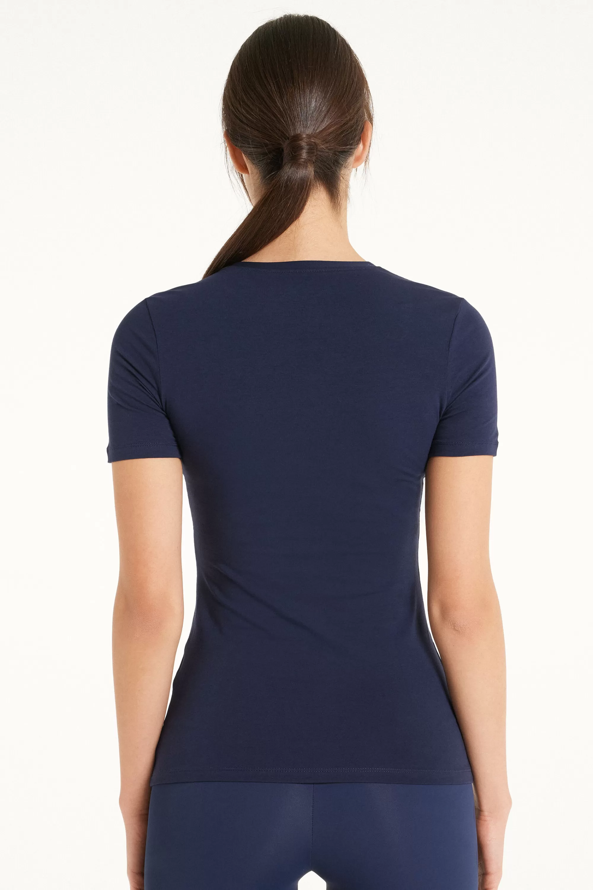 Fashion T-shirt Girocollo In Cotone Elasticizzato - Magliette Maniche Corte - Donna | Top e T-shirt | Magliette maniche corte
