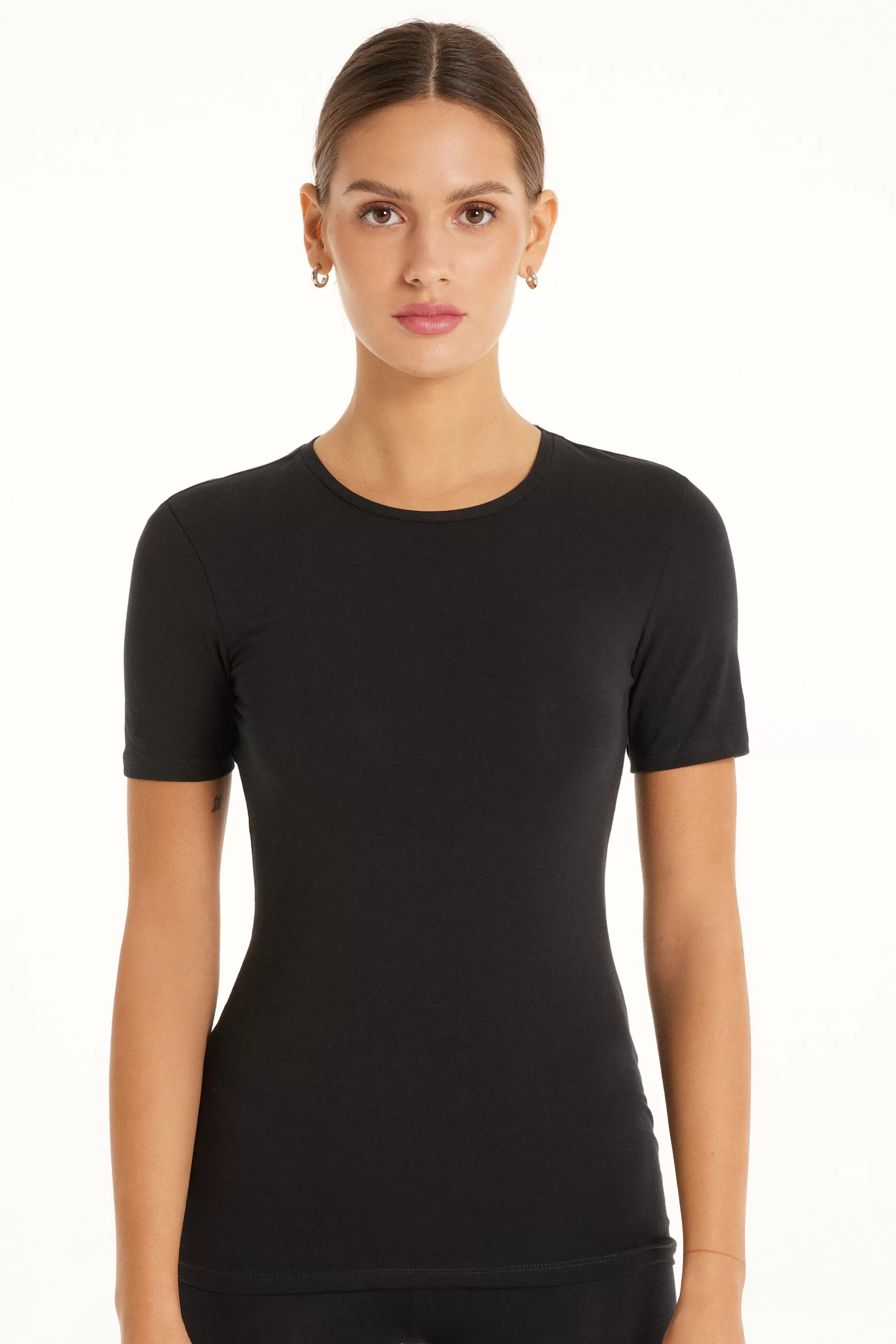 Flash Sale T-shirt Girocollo In Cotone Elasticizzato - Magliette Maniche Corte - Donna | Top e T-shirt | Magliette maniche corte
