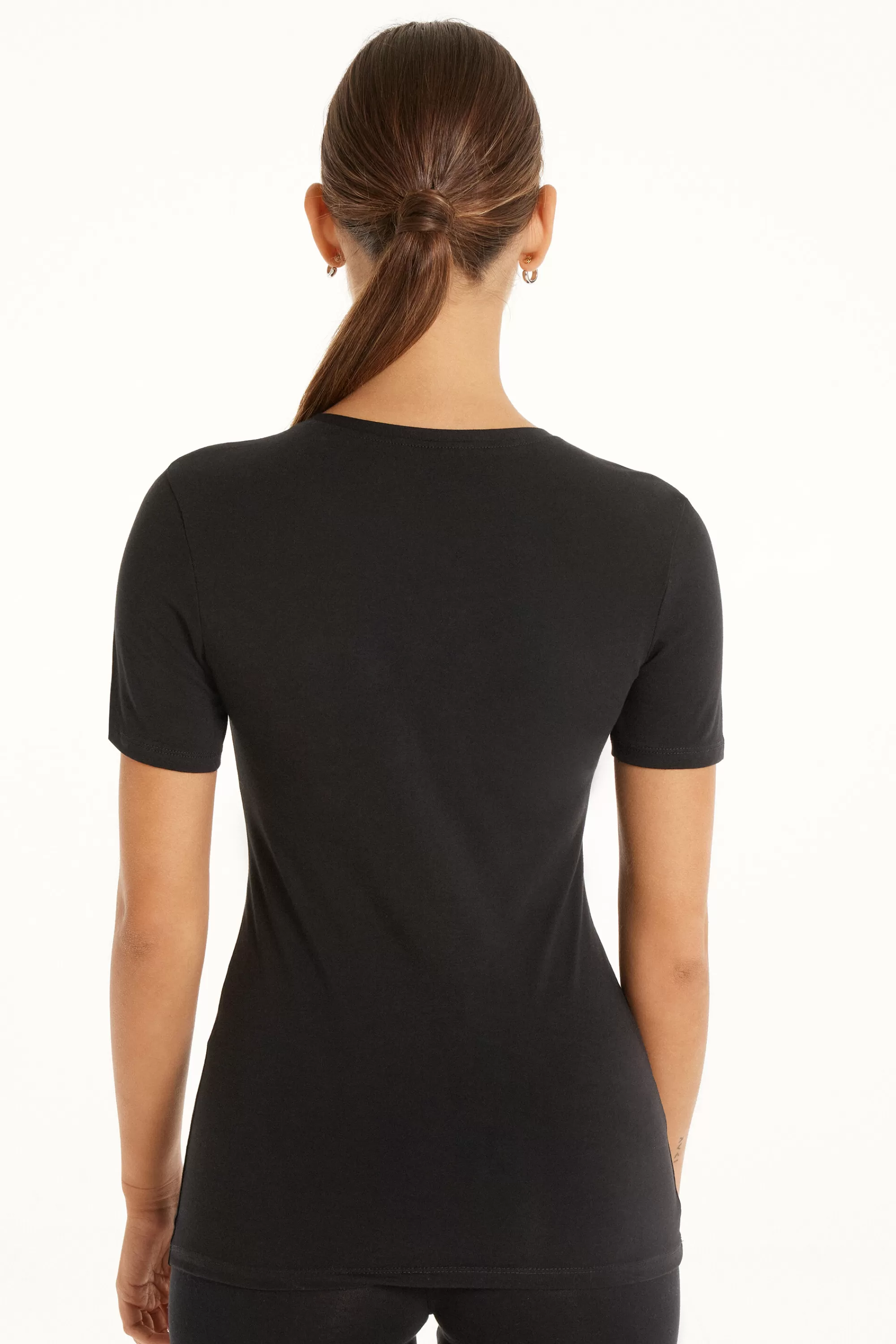 Flash Sale T-shirt Girocollo In Cotone Elasticizzato - Magliette Maniche Corte - Donna | Top e T-shirt | Magliette maniche corte