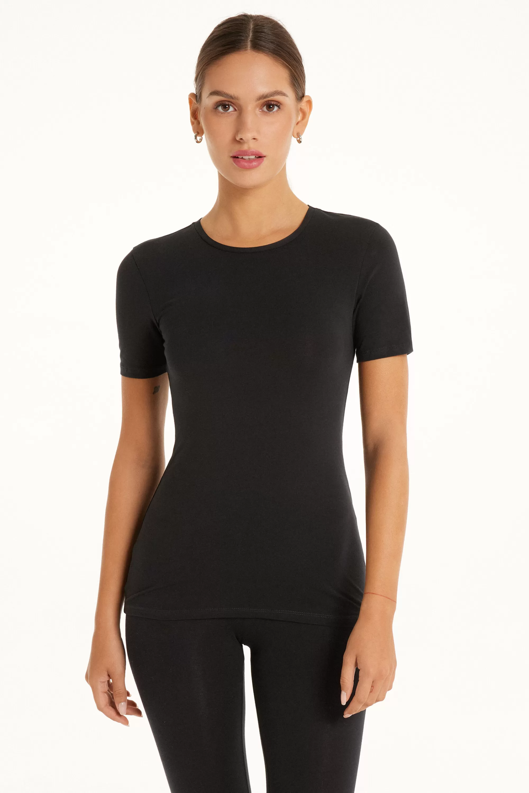 Flash Sale T-shirt Girocollo In Cotone Elasticizzato - Magliette Maniche Corte - Donna | Top e T-shirt | Magliette maniche corte