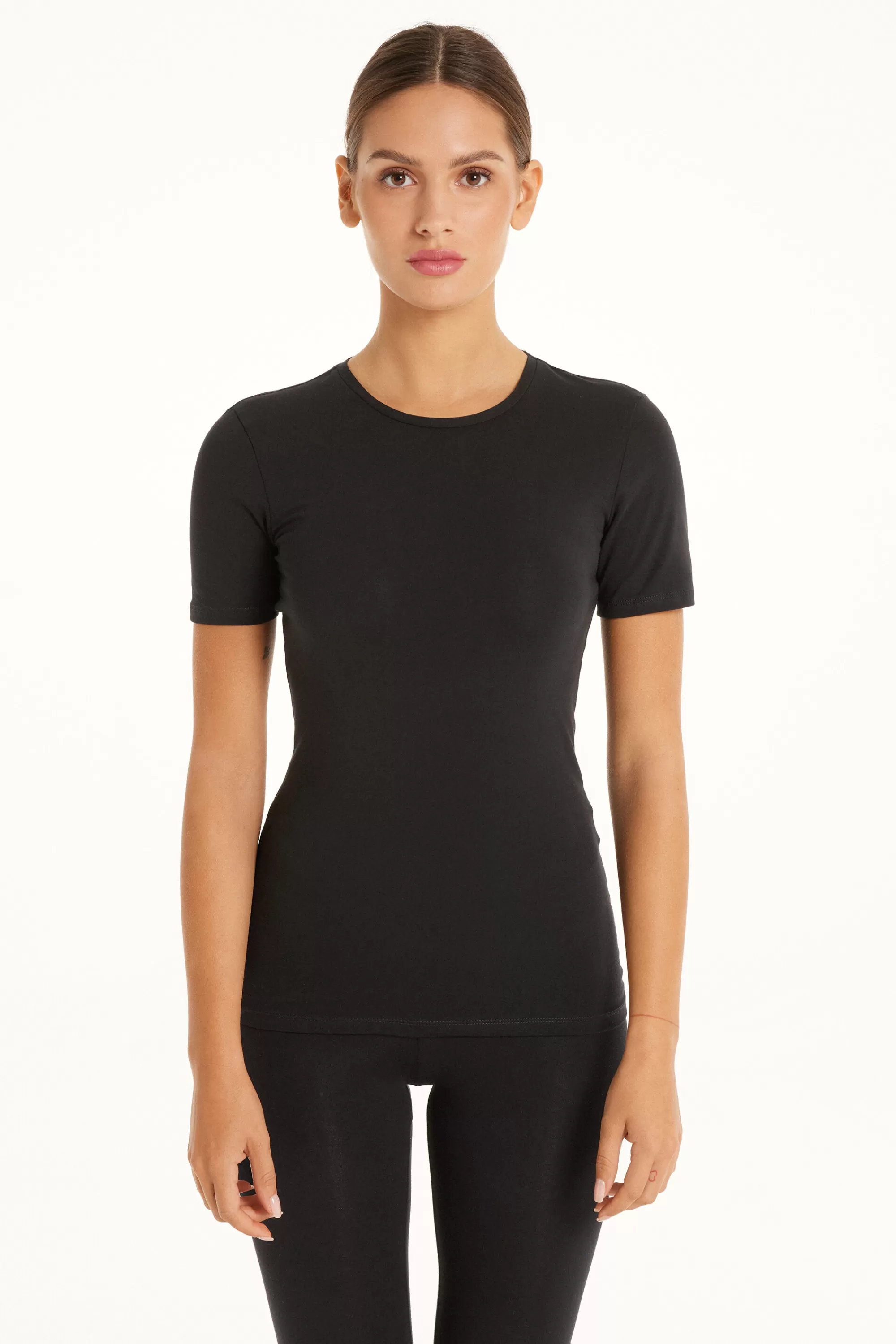 Flash Sale T-shirt Girocollo In Cotone Elasticizzato - Magliette Maniche Corte - Donna | Top e T-shirt | Magliette maniche corte