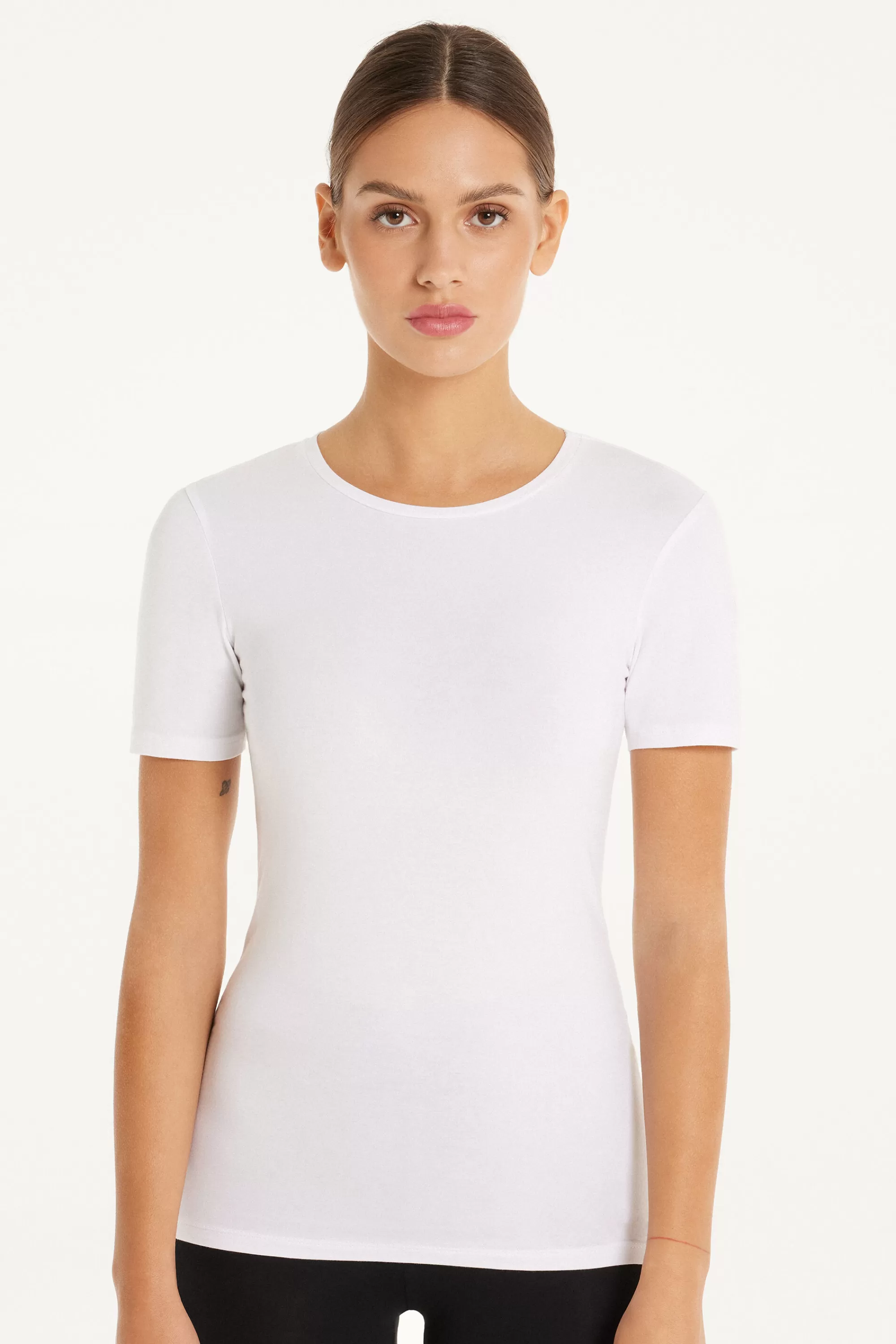 Fashion T-shirt Girocollo In Cotone Elasticizzato - Magliette Maniche Corte - Donna | Top e T-shirt | Magliette maniche corte
