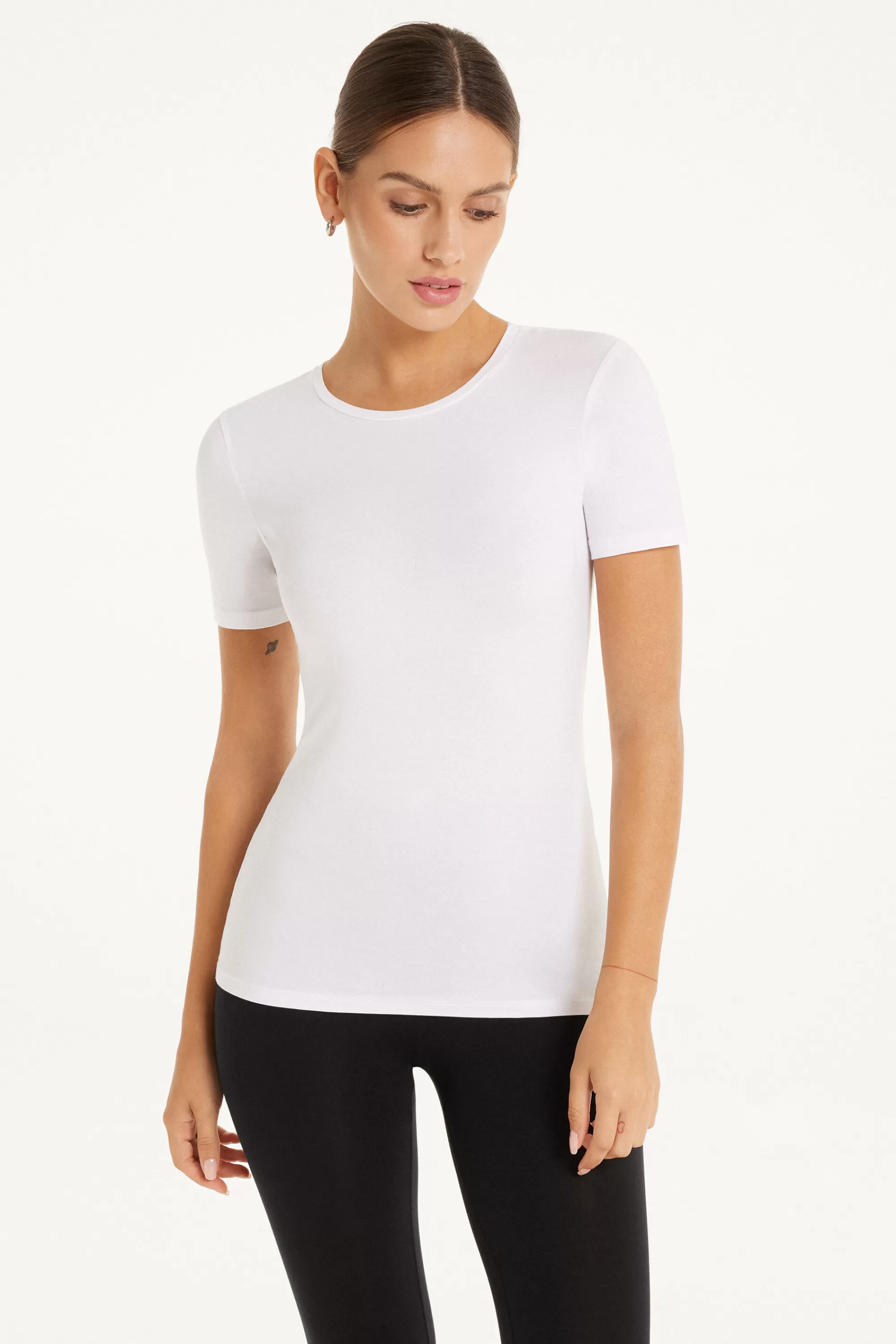 Fashion T-shirt Girocollo In Cotone Elasticizzato - Magliette Maniche Corte - Donna | Top e T-shirt | Magliette maniche corte