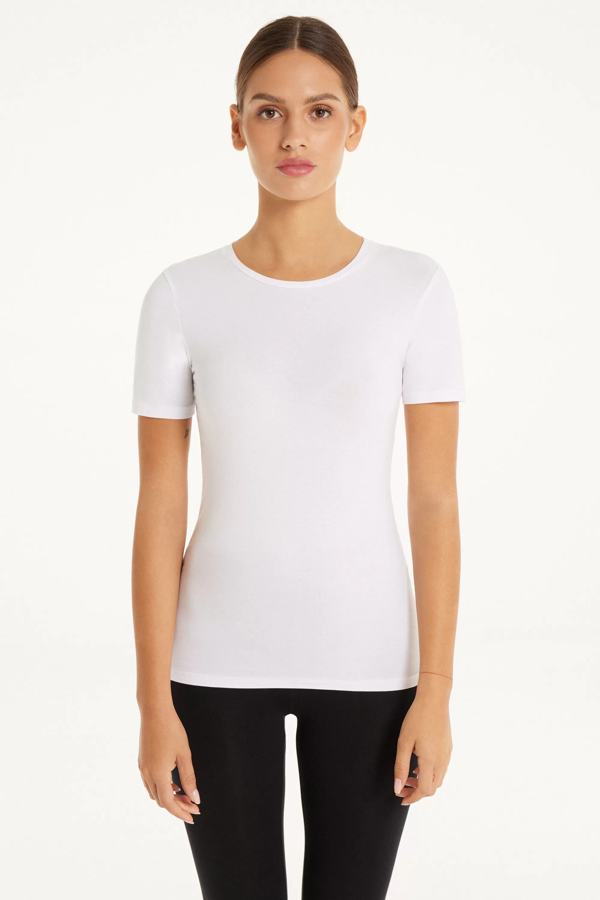 Fashion T-shirt Girocollo In Cotone Elasticizzato - Magliette Maniche Corte - Donna | Top e T-shirt | Magliette maniche corte