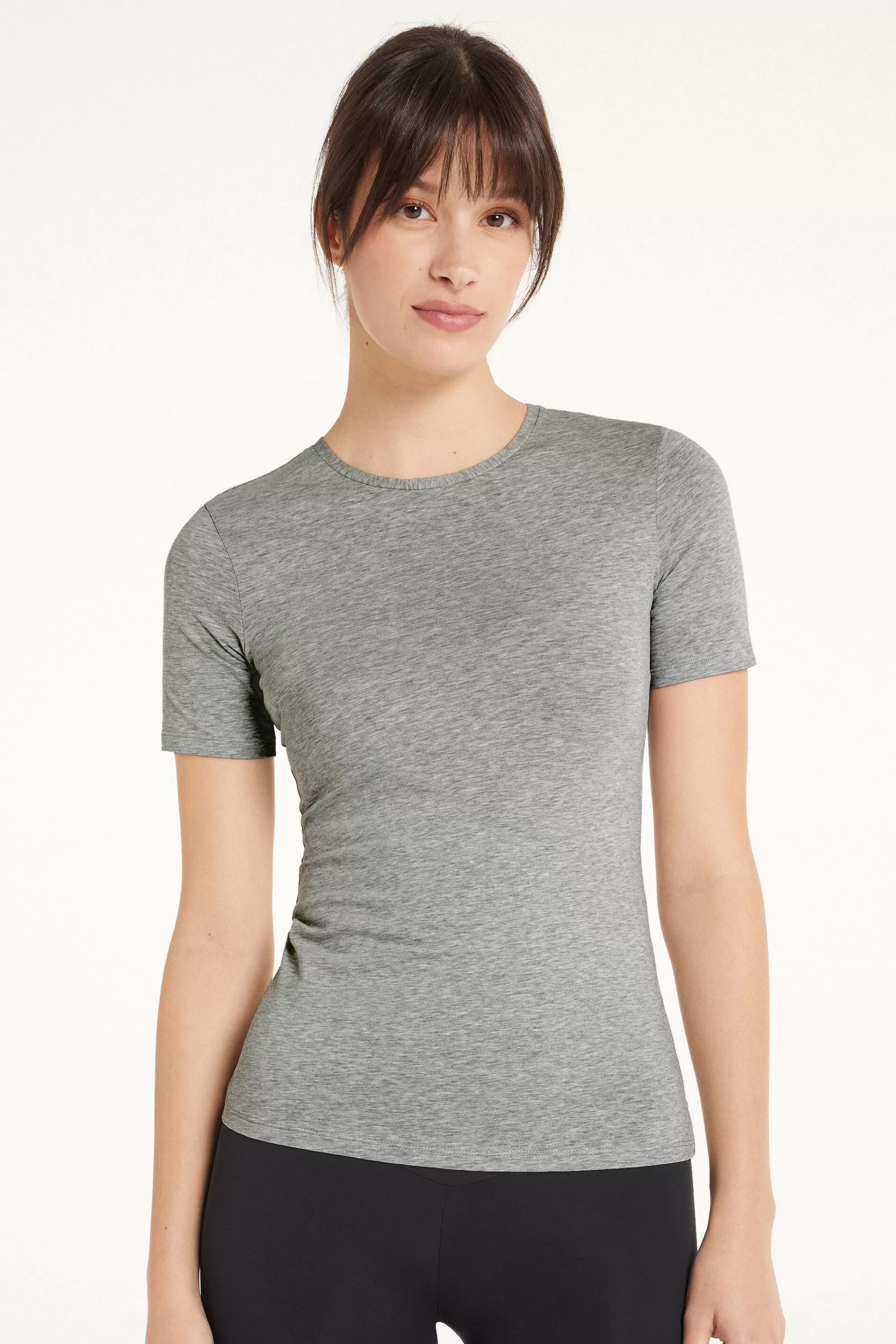 New T-shirt Girocollo In Cotone Elasticizzato - Magliette Maniche Corte - Donna | Top e T-shirt | Magliette maniche corte