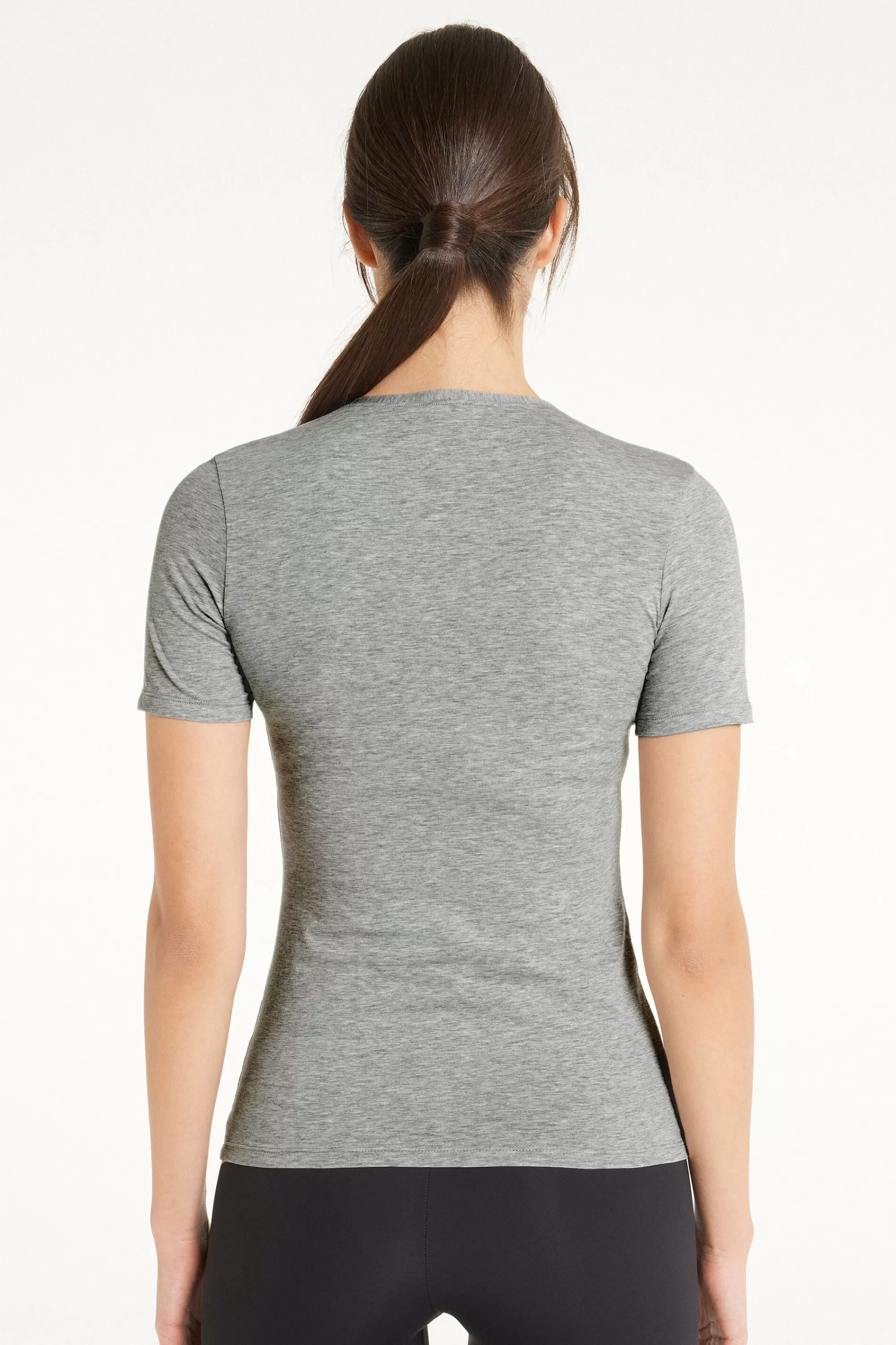 New T-shirt Girocollo In Cotone Elasticizzato - Magliette Maniche Corte - Donna | Top e T-shirt | Magliette maniche corte