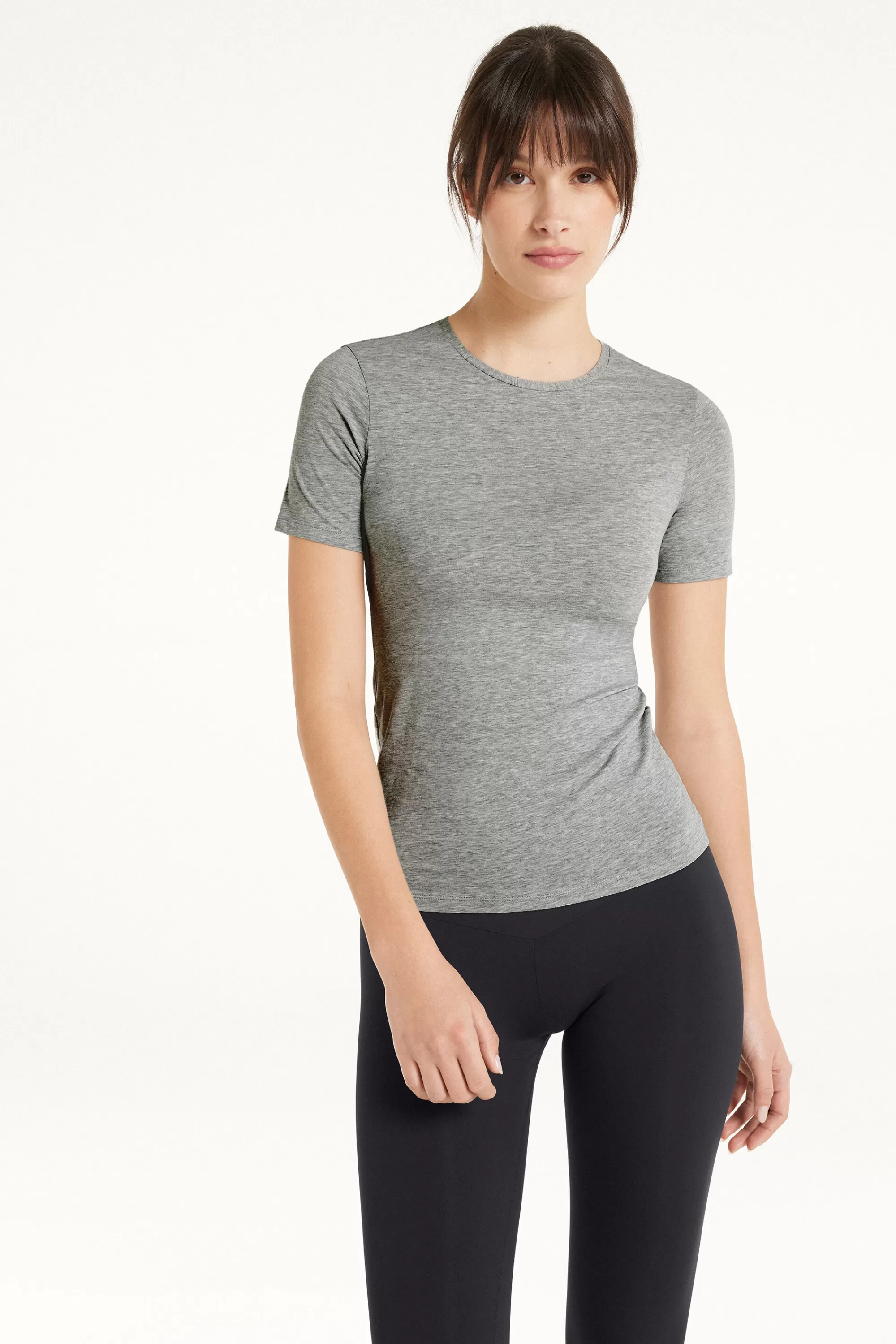 New T-shirt Girocollo In Cotone Elasticizzato - Magliette Maniche Corte - Donna | Top e T-shirt | Magliette maniche corte