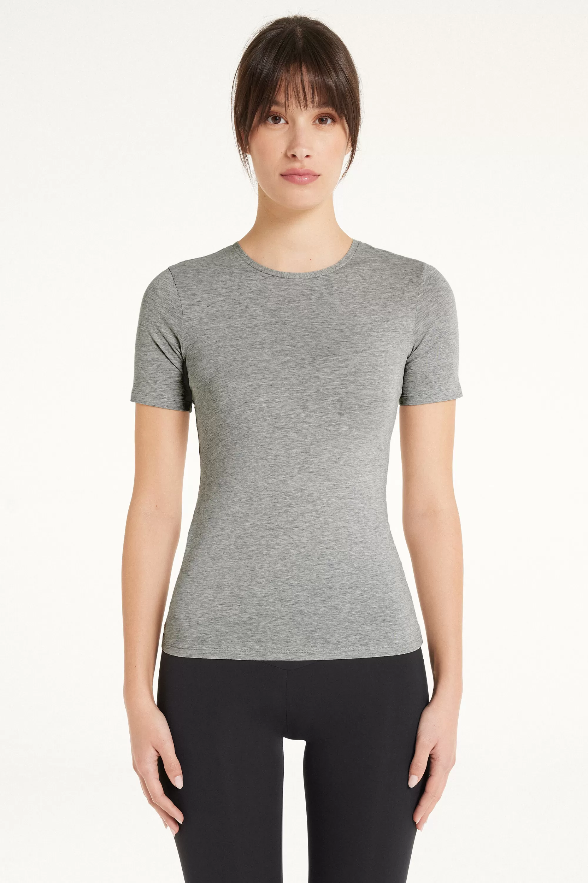 New T-shirt Girocollo In Cotone Elasticizzato - Magliette Maniche Corte - Donna | Top e T-shirt | Magliette maniche corte