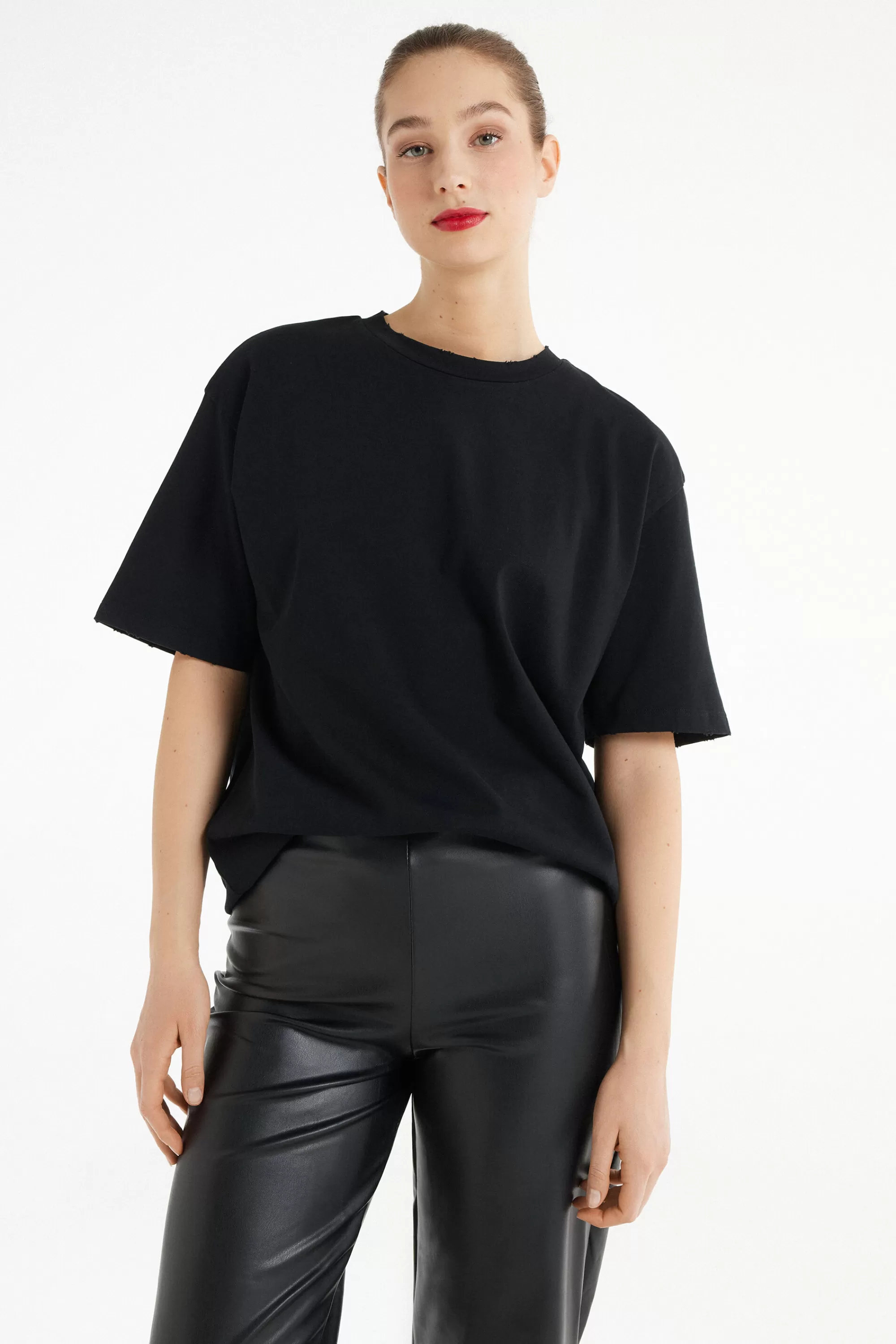 Sale T-Shirt In Cotone A Girocollo Con Strappi - Magliette Maniche Corte - Donna | Magliette maniche corte