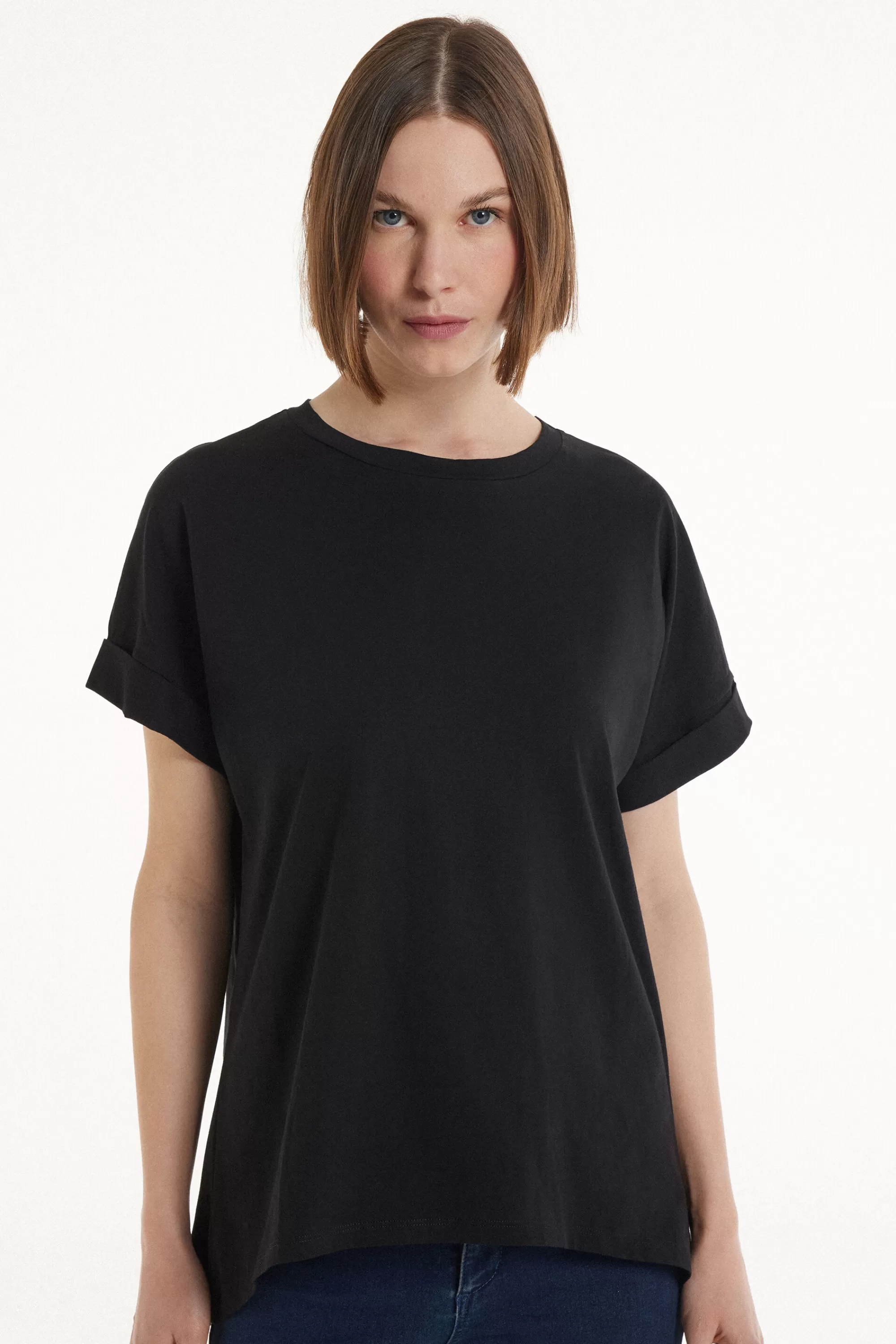 Best T-Shirt In Cotone Con Risvolto Kimono - Magliette Maniche Corte - Donna | Top e T-shirt | Magliette maniche corte