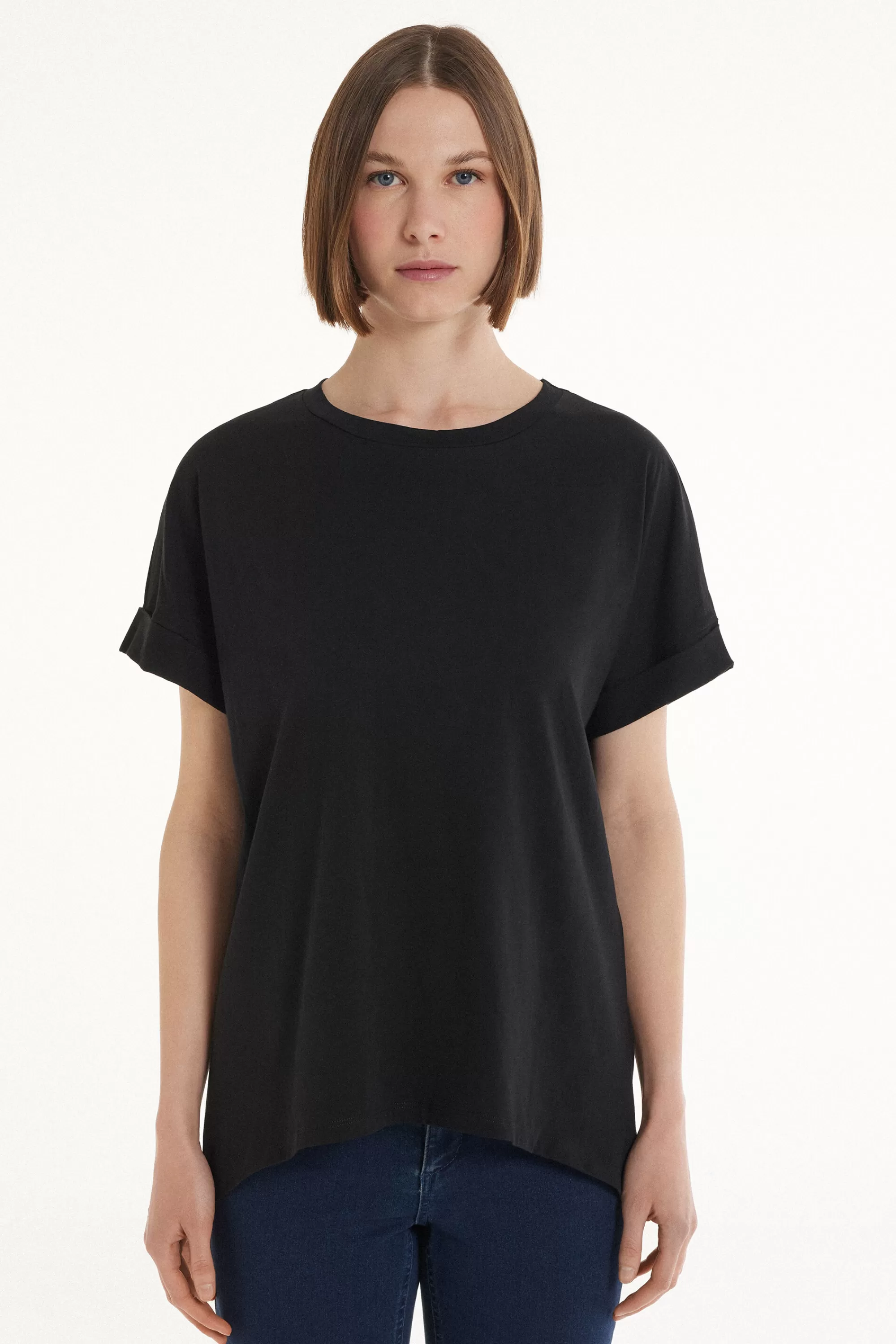 Best T-Shirt In Cotone Con Risvolto Kimono - Magliette Maniche Corte - Donna | Top e T-shirt | Magliette maniche corte