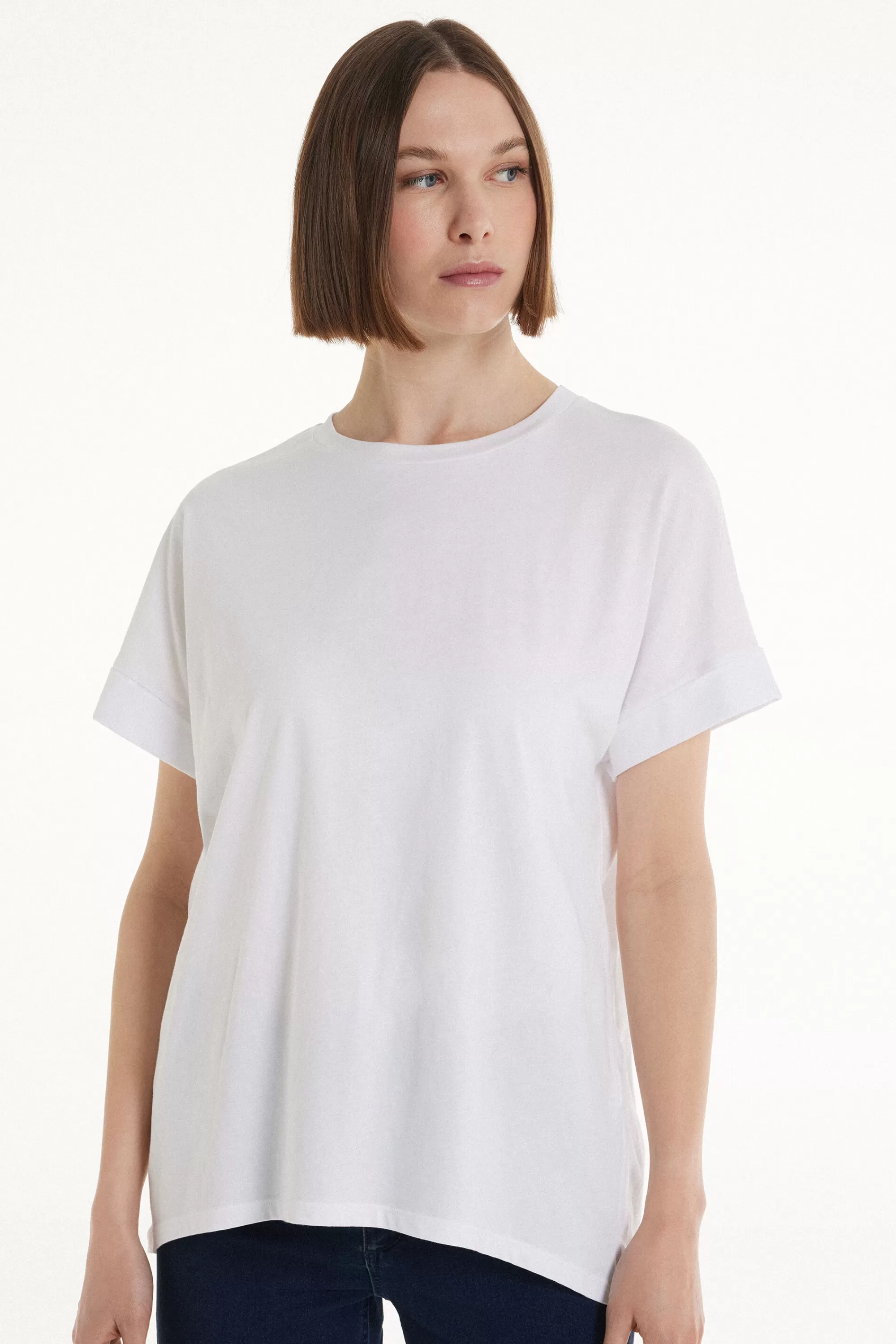 Hot T-Shirt In Cotone Con Risvolto Kimono - Magliette Maniche Corte - Donna | Top e T-shirt | Magliette maniche corte
