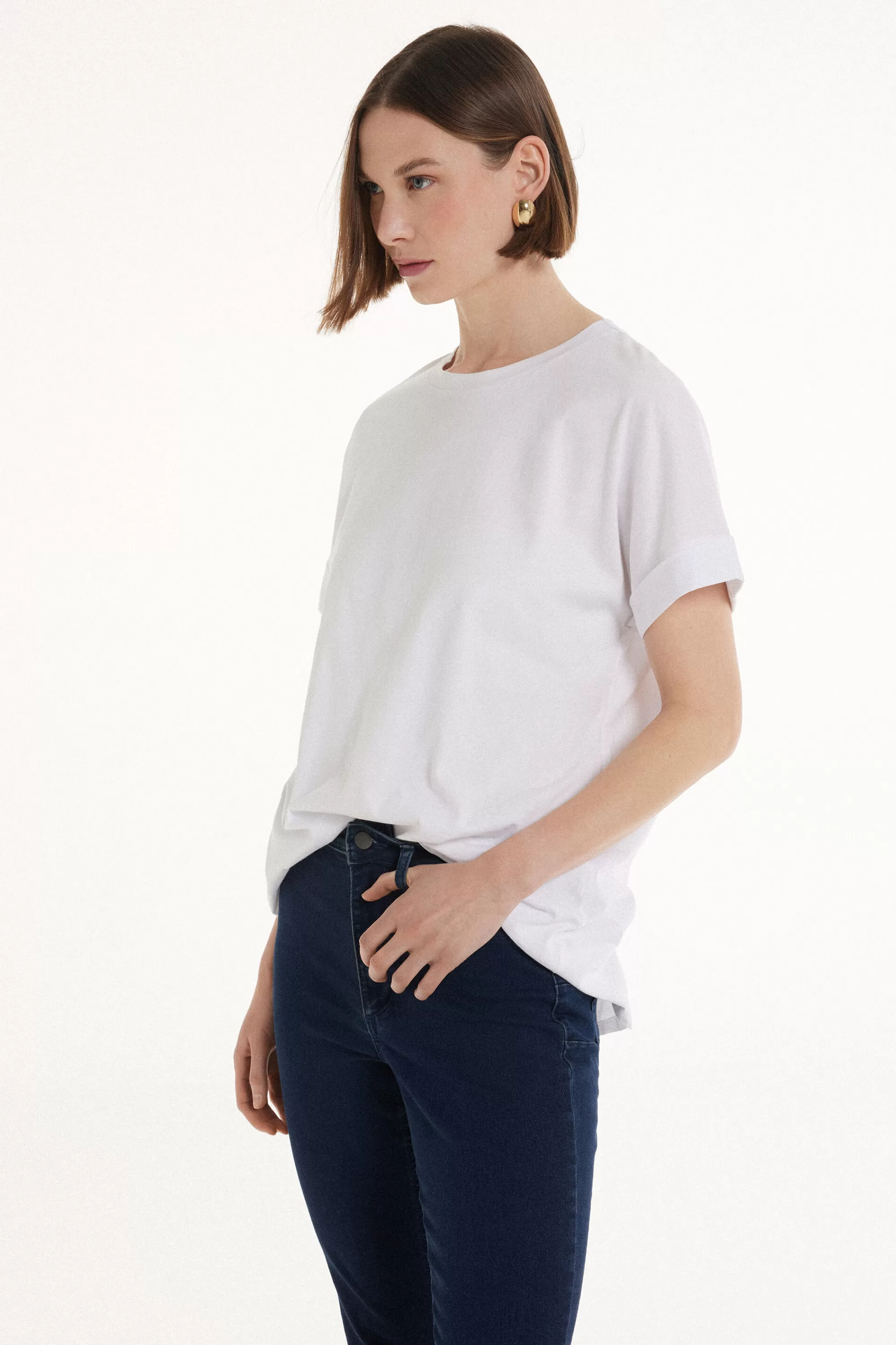 Hot T-Shirt In Cotone Con Risvolto Kimono - Magliette Maniche Corte - Donna | Top e T-shirt | Magliette maniche corte