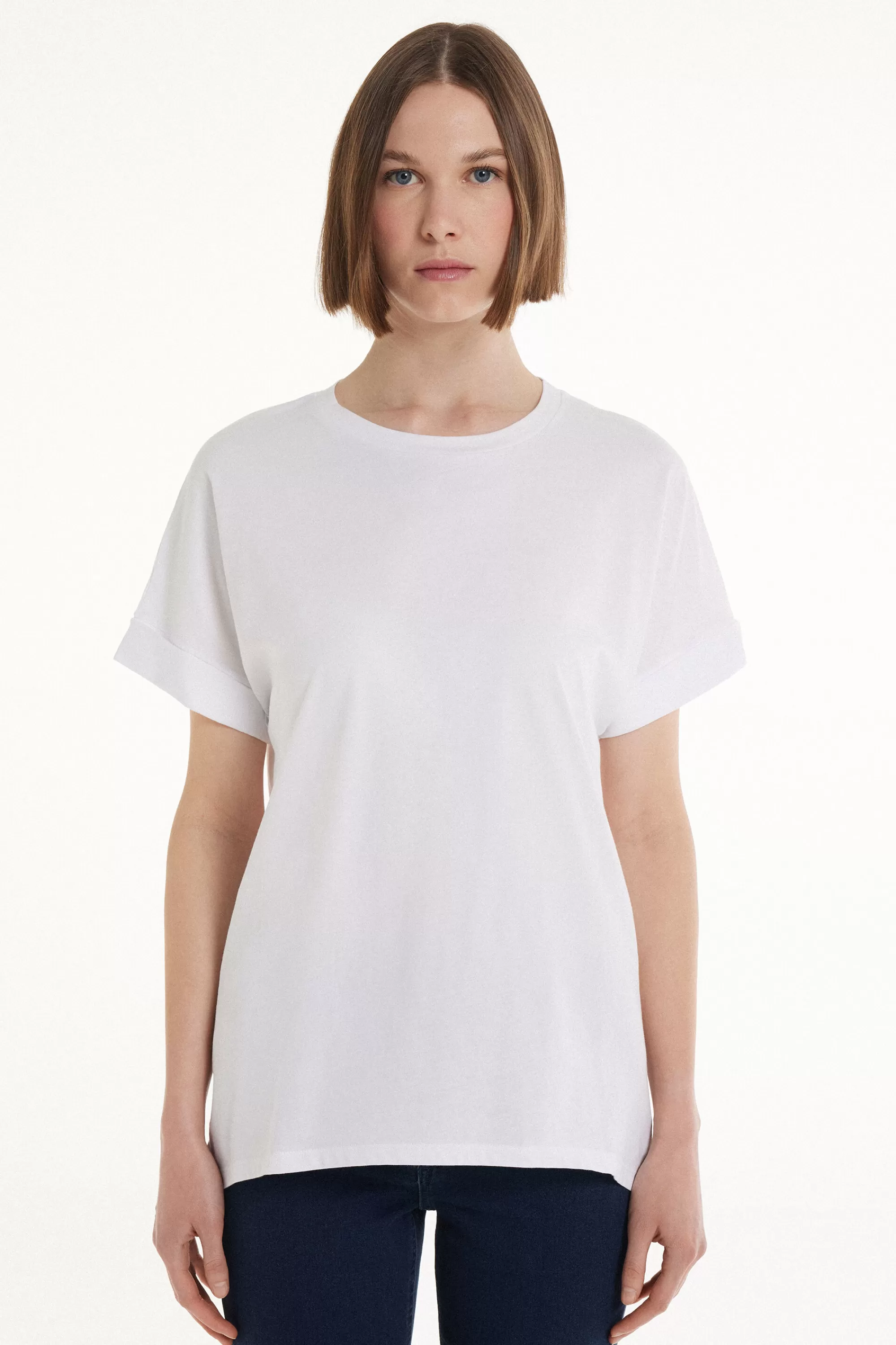 Hot T-Shirt In Cotone Con Risvolto Kimono - Magliette Maniche Corte - Donna | Top e T-shirt | Magliette maniche corte