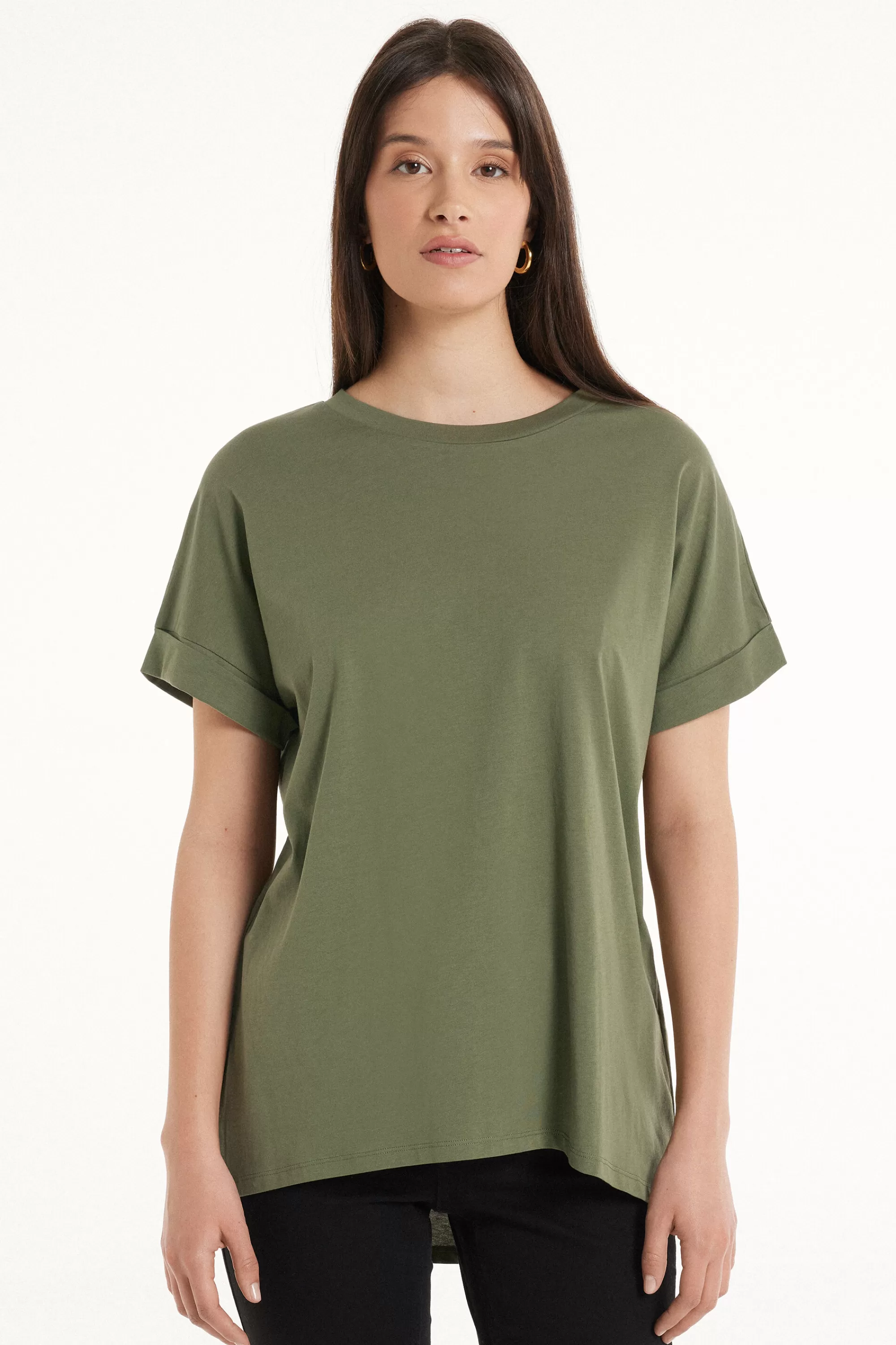 Online T-Shirt In Cotone Con Risvolto Kimono - Magliette Maniche Corte - Donna | Magliette maniche corte