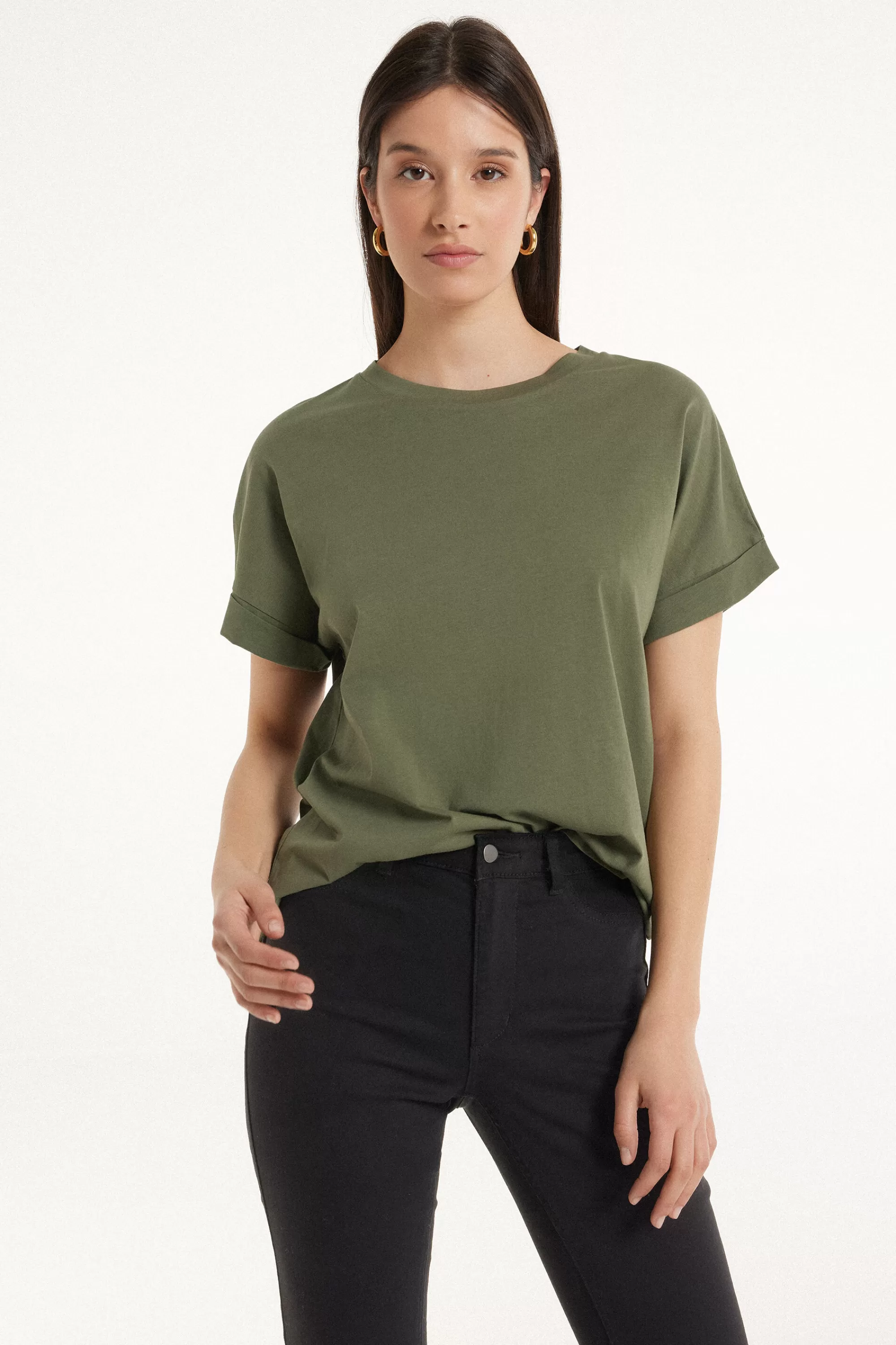 Online T-Shirt In Cotone Con Risvolto Kimono - Magliette Maniche Corte - Donna | Magliette maniche corte