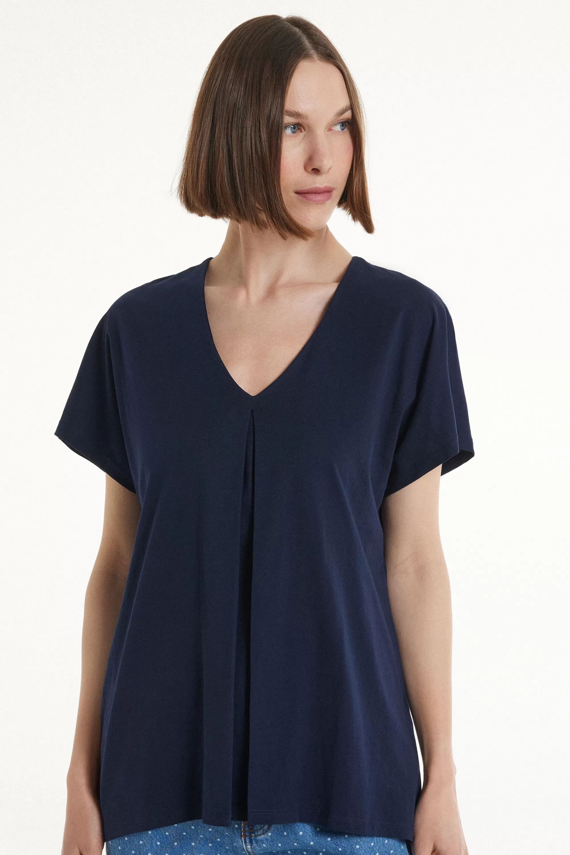 Shop T-Shirt Scollo A V Con Pince In Cotone - Magliette Maniche Corte - Donna | Magliette maniche corte